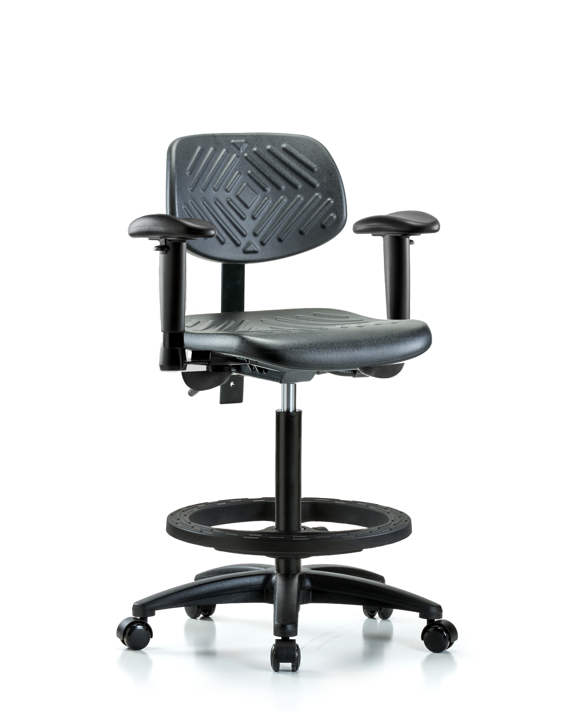 Polyurethane Chair - High Bench Height with Adjustable Arms, Black Foot Ring, & Casters in Black Polyurethane