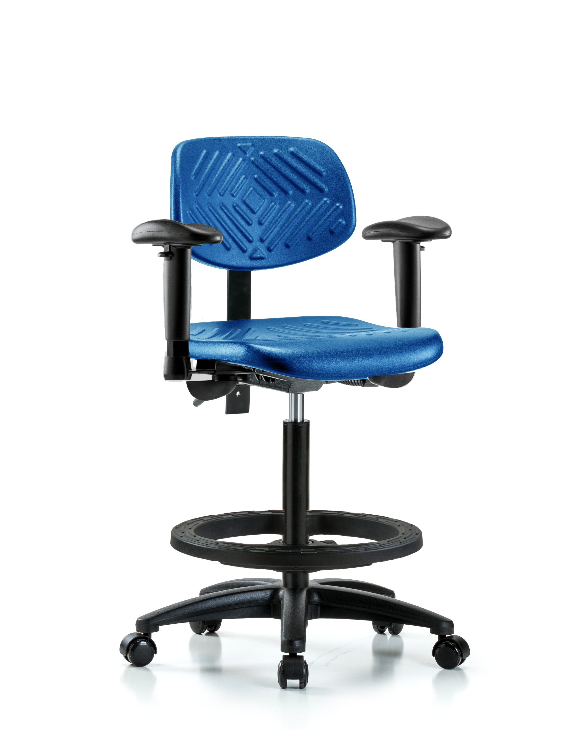 Polyurethane Chair - High Bench Height with Adjustable Arms, Black Foot Ring, & Casters in Blue Polyurethane