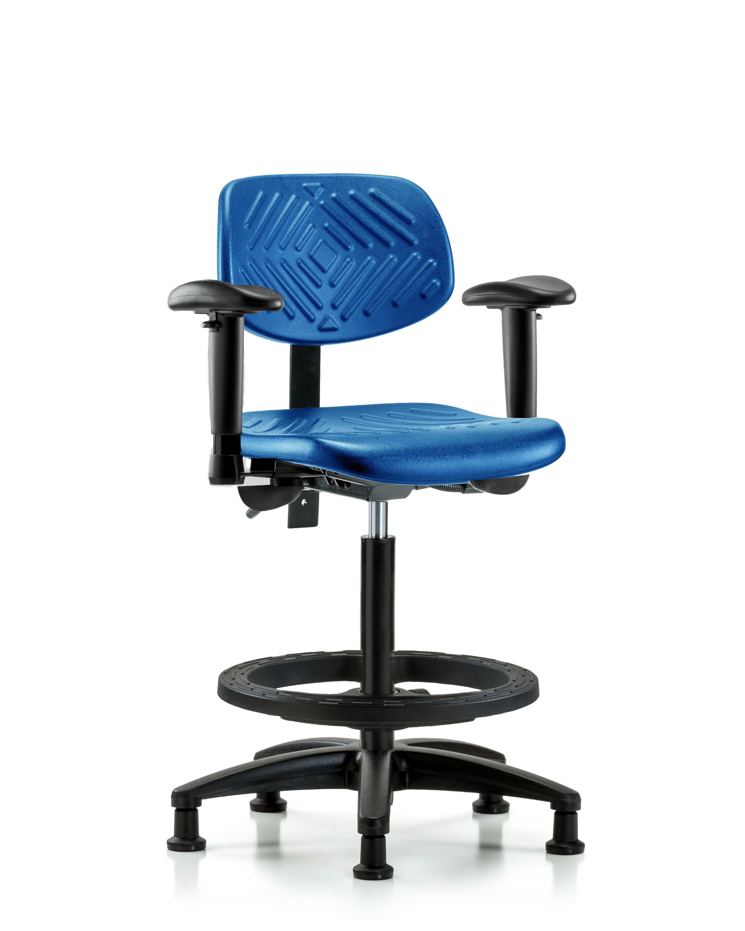 Polyurethane Chair - High Bench Height with Adjustable Arms, Black Foot Ring, & Stationary Glides in Blue Polyurethane