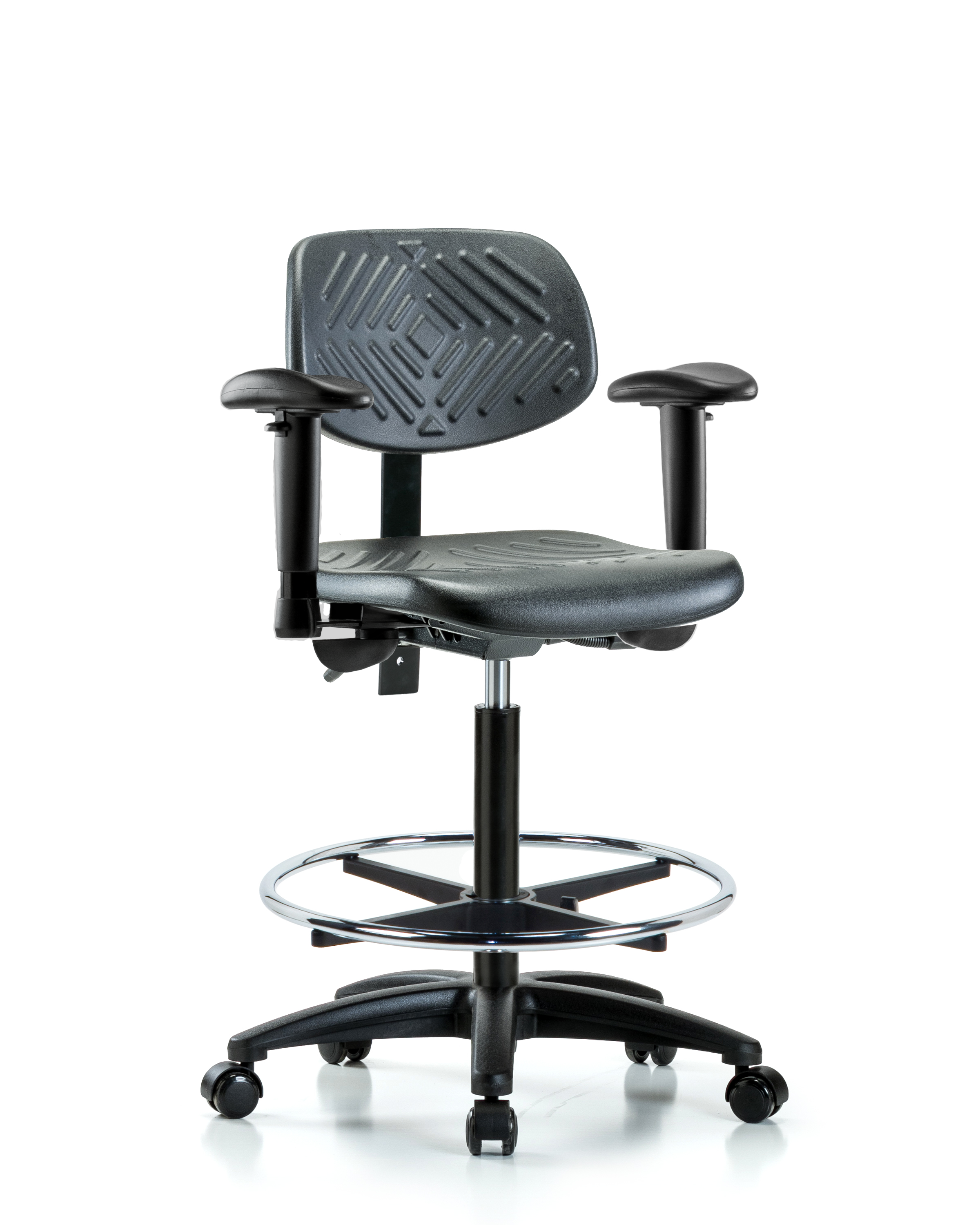 Polyurethane Chair - High Bench Height with Adjustable Arms, Chrome Foot Ring, & Casters in Black Polyurethane