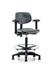 Polyurethane Chair - High Bench Height with Adjustable Arms, Chrome Foot Ring, & Stationary Glides in Black Polyurethane