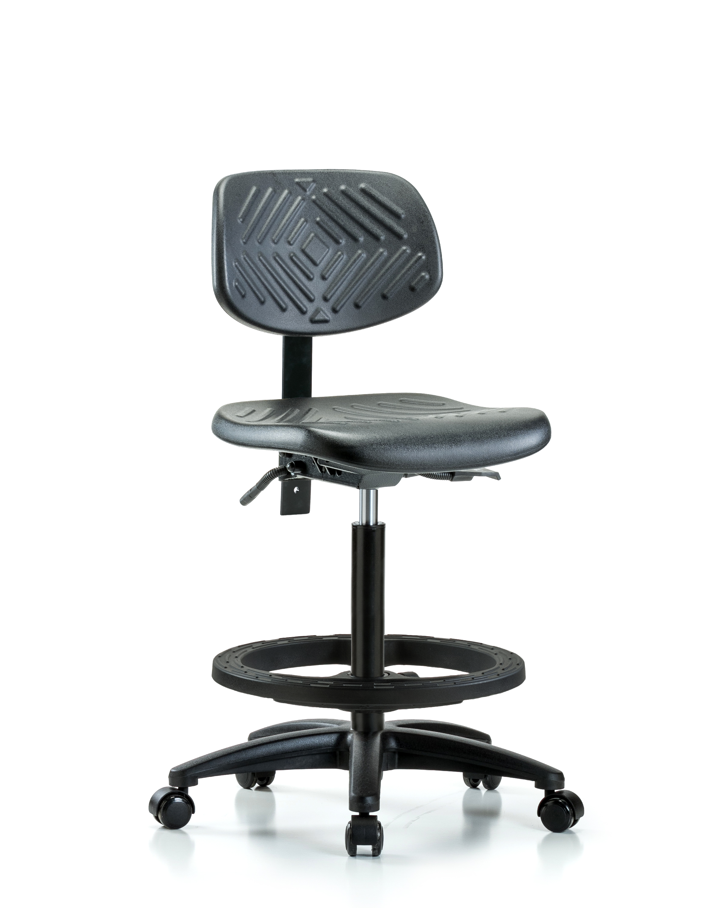 Polyurethane Chair - High Bench Height with Seat Tilt, Black Foot Ring, & Casters in Black Polyurethane