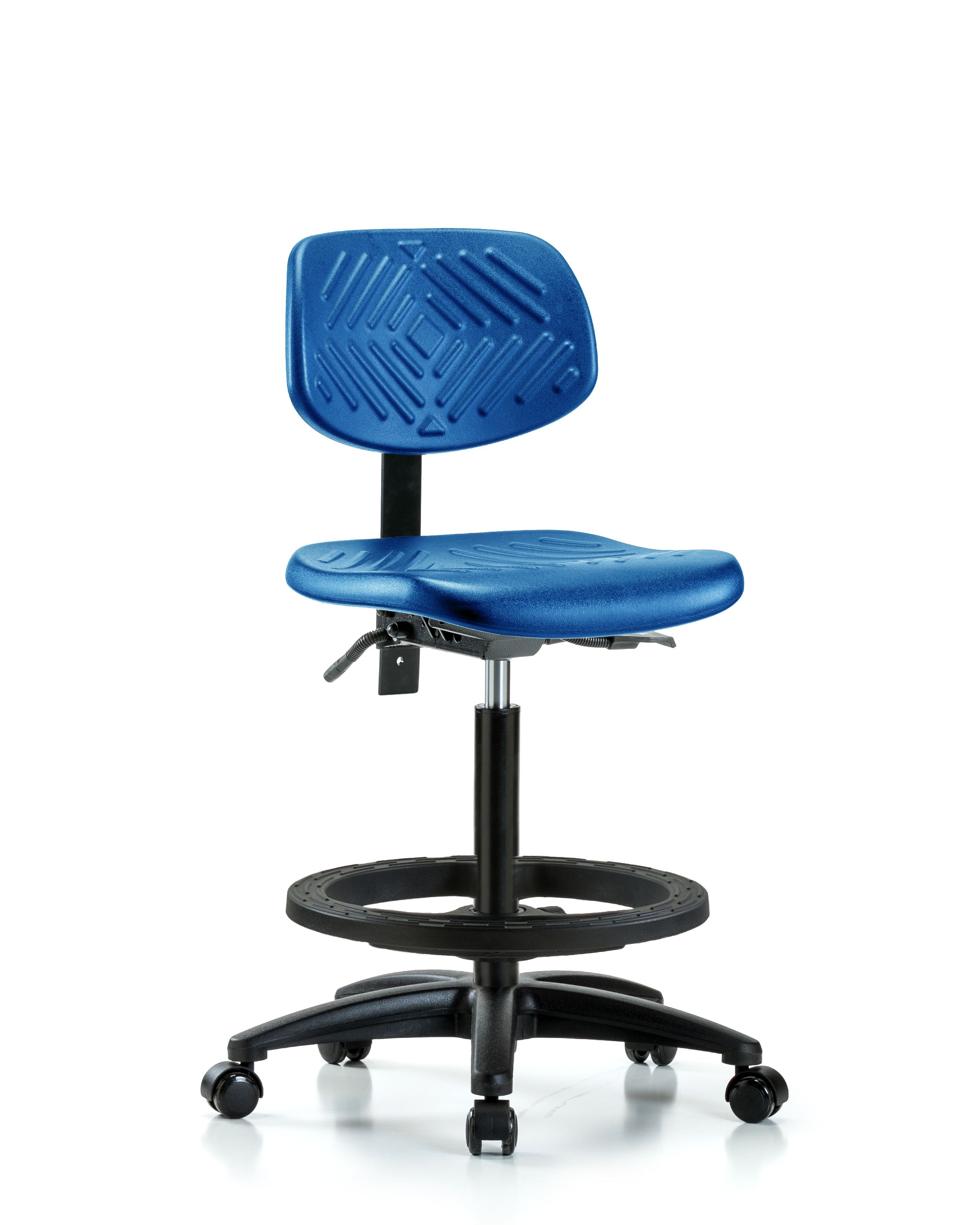 Polyurethane Chair - High Bench Height with Seat Tilt, Black Foot Ring, & Casters in Blue Polyurethane