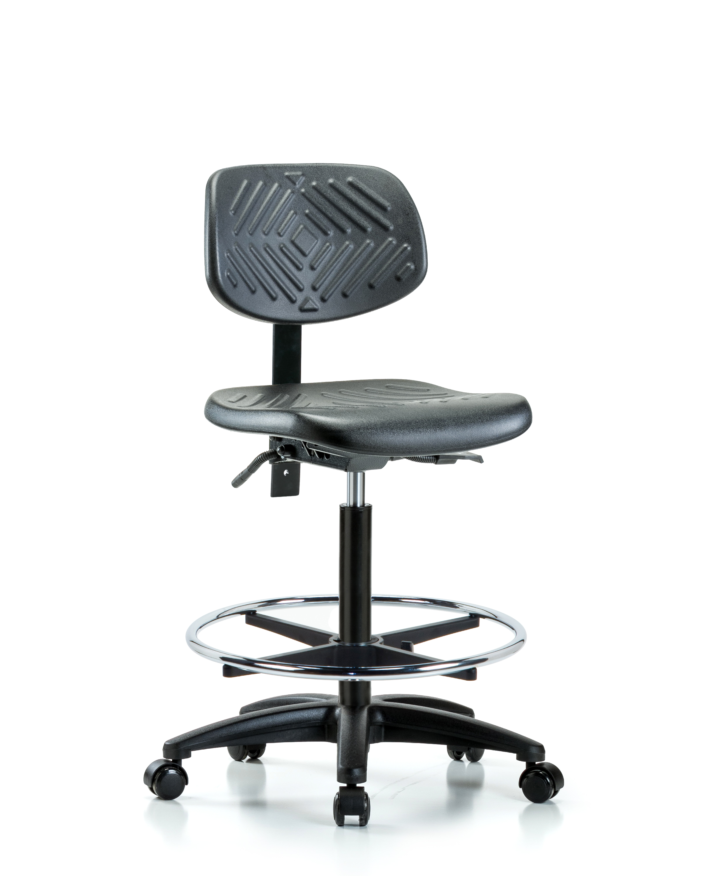Polyurethane Chair - High Bench Height with Seat Tilt, Chrome Foot Ring, & Casters in Black Polyurethane