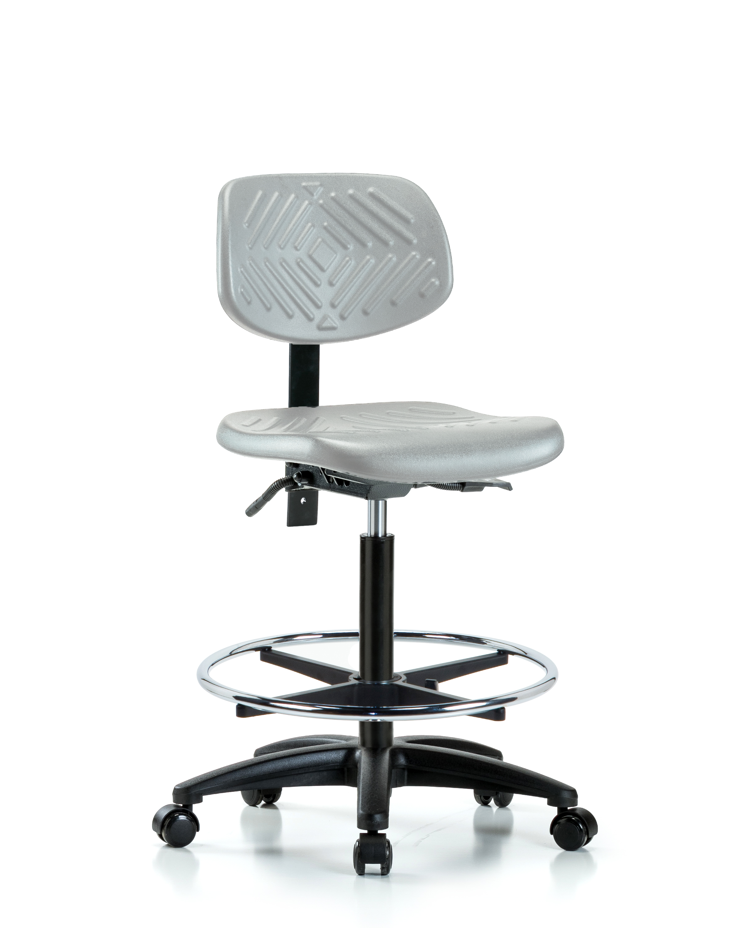 Polyurethane Chair - High Bench Height with Seat Tilt, Chrome Foot Ring, & Casters in Gray Polyurethane