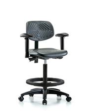 Polyurethane Chair - High Bench Height with Seat Tilt, Adjustable Arms, Black Foot Ring, & Casters in Black Polyurethane