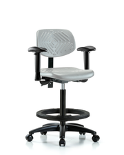 Polyurethane Chair - High Bench Height with Seat Tilt, Adjustable Arms, Black Foot Ring, & Casters in Gray Polyurethane
