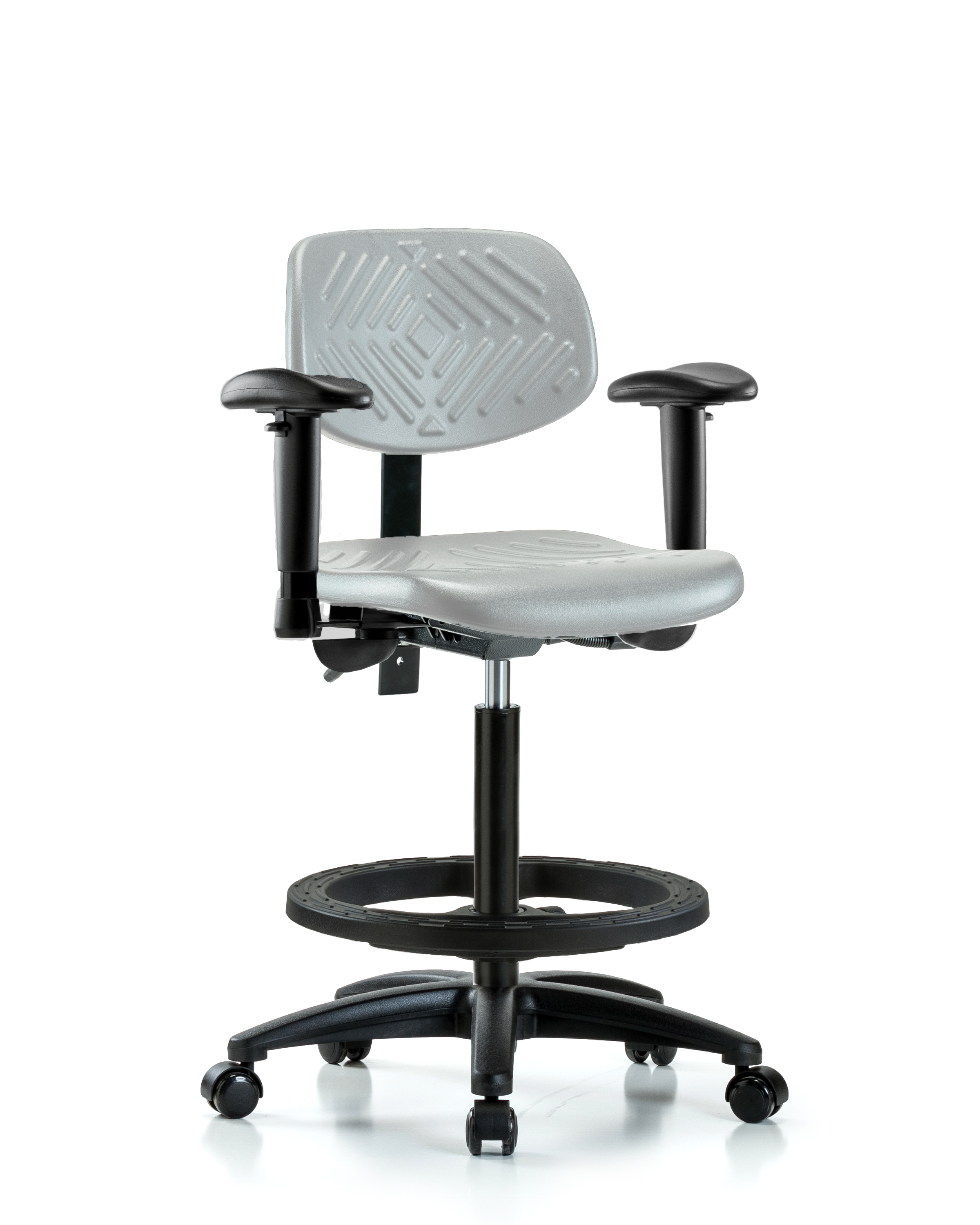 Polyurethane Chair - High Bench Height with Seat Tilt, Adjustable Arms, Black Foot Ring, & Casters in Gray Polyurethane