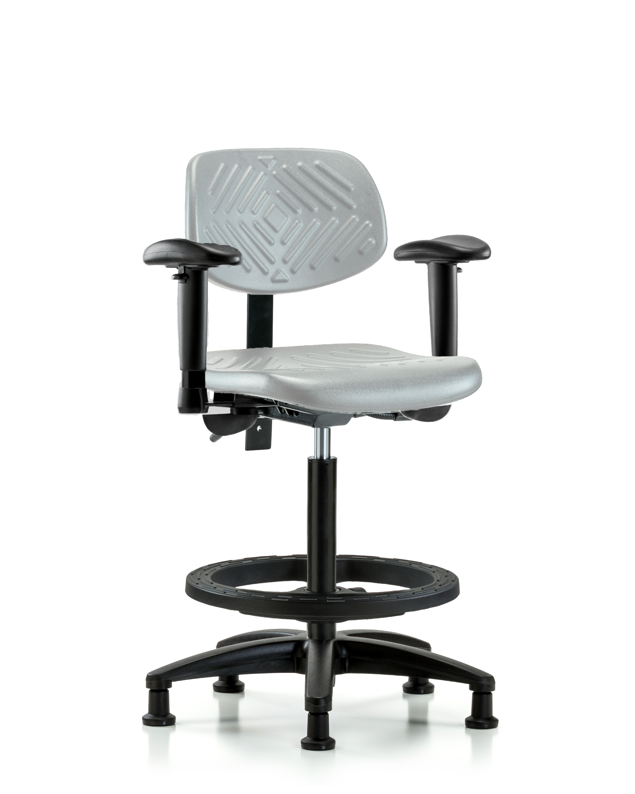 Polyurethane Chair - High Bench Height with Seat Tilt, Adjustable Arms, Black Foot Ring, & Stationary Glides in Gray Polyurethane