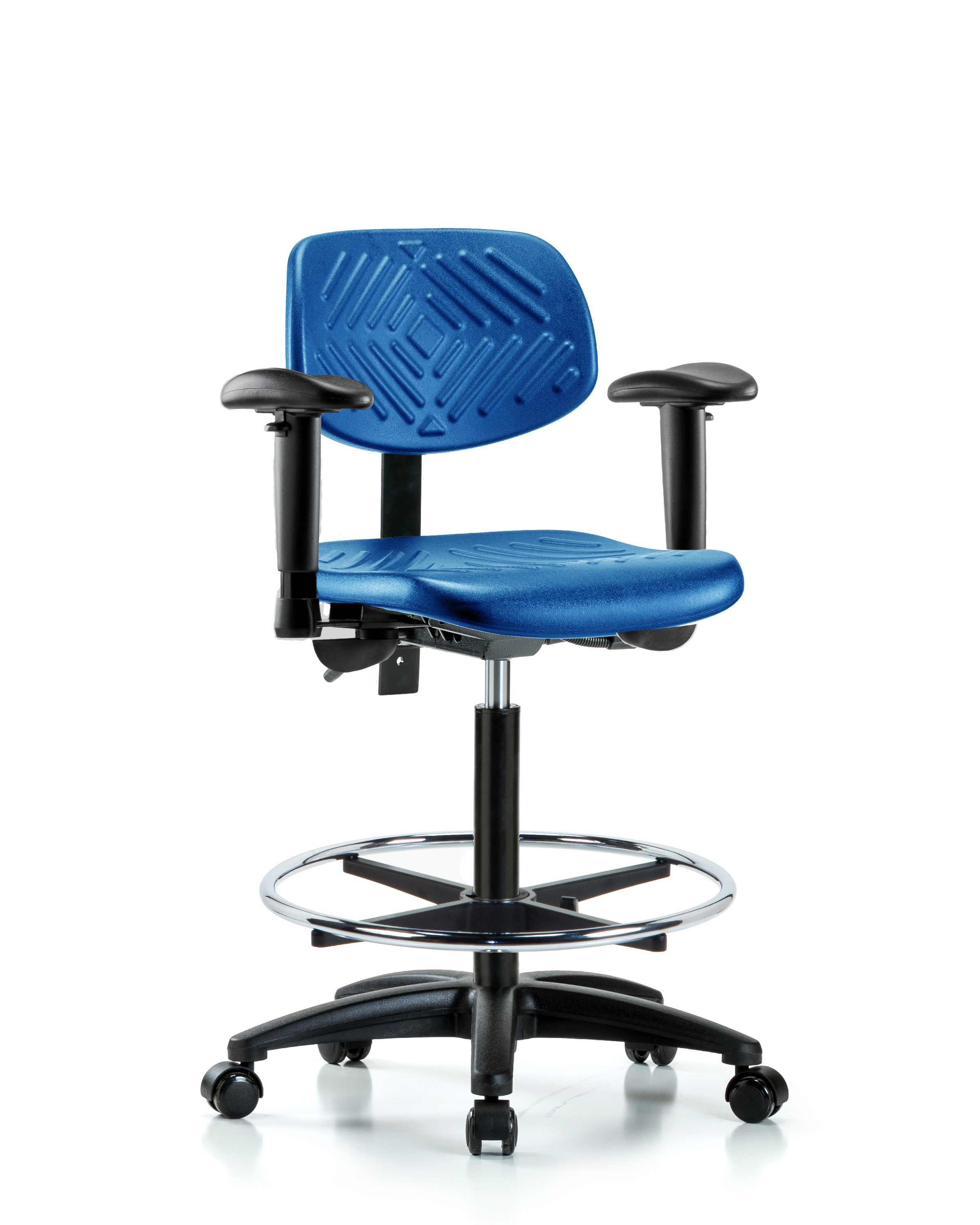 Polyurethane Chair - High Bench Height with Seat Tilt, Adjustable Arms, Chrome Foot Ring, & Casters in Blue Polyurethane
