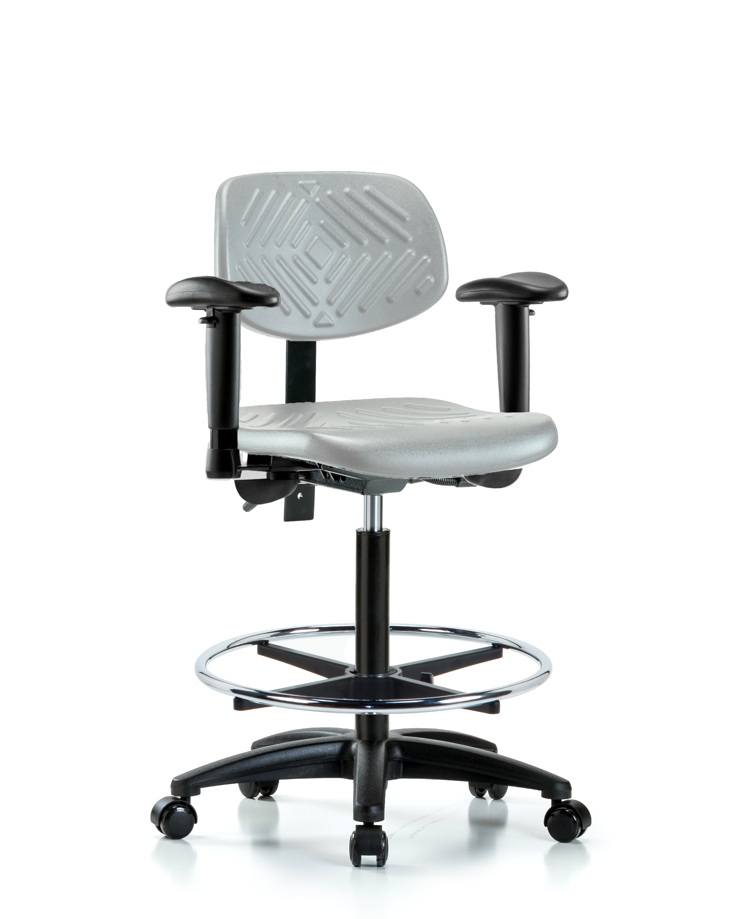 Polyurethane Chair - High Bench Height with Seat Tilt, Adjustable Arms, Chrome Foot Ring, & Casters in Gray Polyurethane