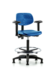 Polyurethane Chair - High Bench Height with Seat Tilt, Adjustable Arms, Chrome Foot Ring, & Stationary Glides in Blue Polyurethane