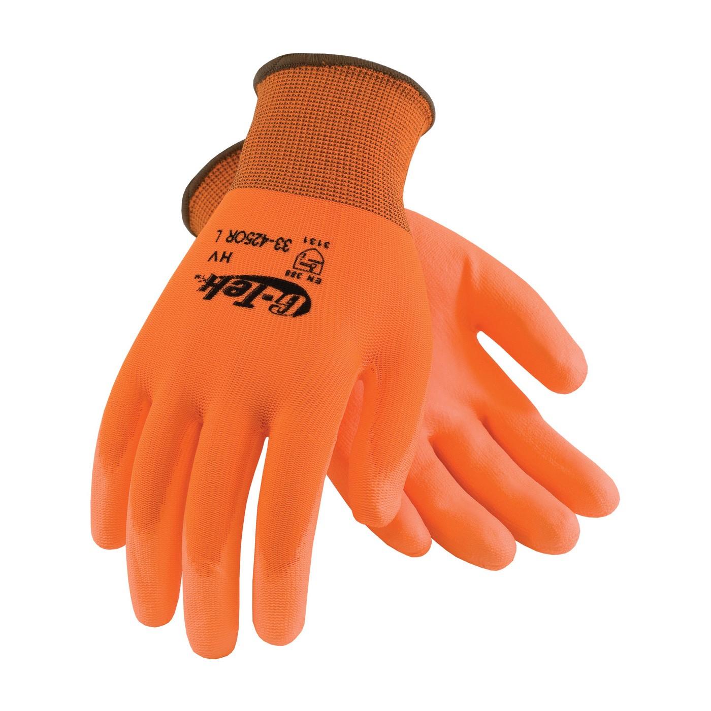 PIP G-TEK HV, HI VIS ORANGE URETHANE COATED PALM & FINGERS ON HI VIS ORANGE SEAMLESS KNIT NYLON , Size Large, Case Qty.: 25 Dozen