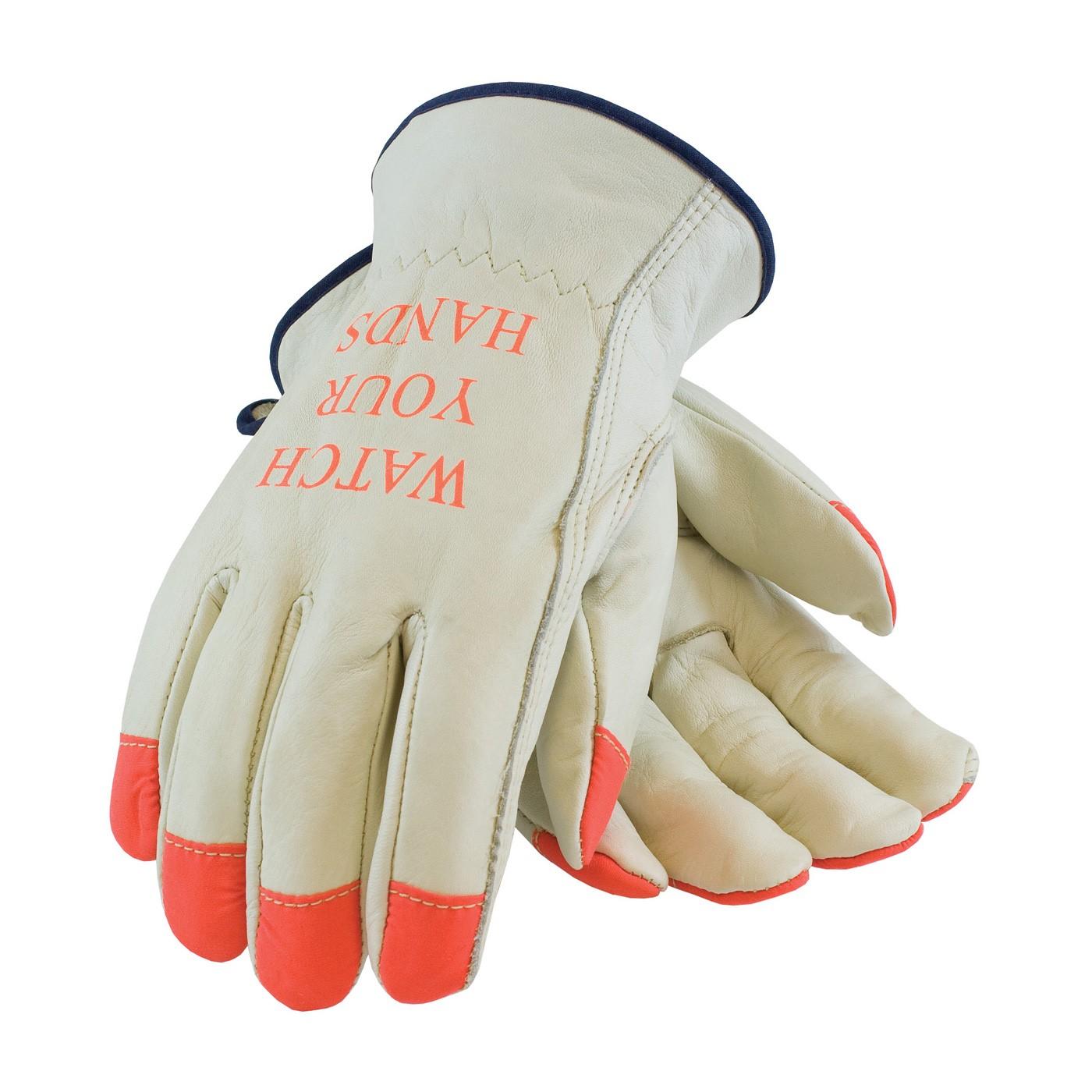 PIP L TOP GRAIN COWHIDE DRIVERS, KEYSTONE THUMB, QUALITY GRADE, HI VIS FINGER
