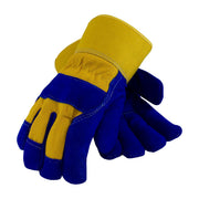 PIP INSULATED LEATHER PALM WORK GLOVES, BLUE SPLIT COWHIDE PALM, YELLOW FABRIC BACK & RUBBERIZED SAFETY CUFF, FLEECE PILE LINING, Size Large, Case Qty.: 6 Dozen