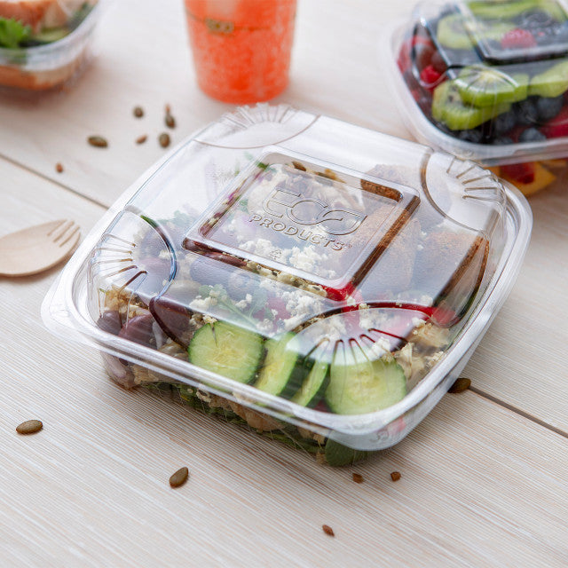 Renewable & Compostable Clear Clamshells, 3-Cmpt - 8in x 8in x 3in - Case of 160