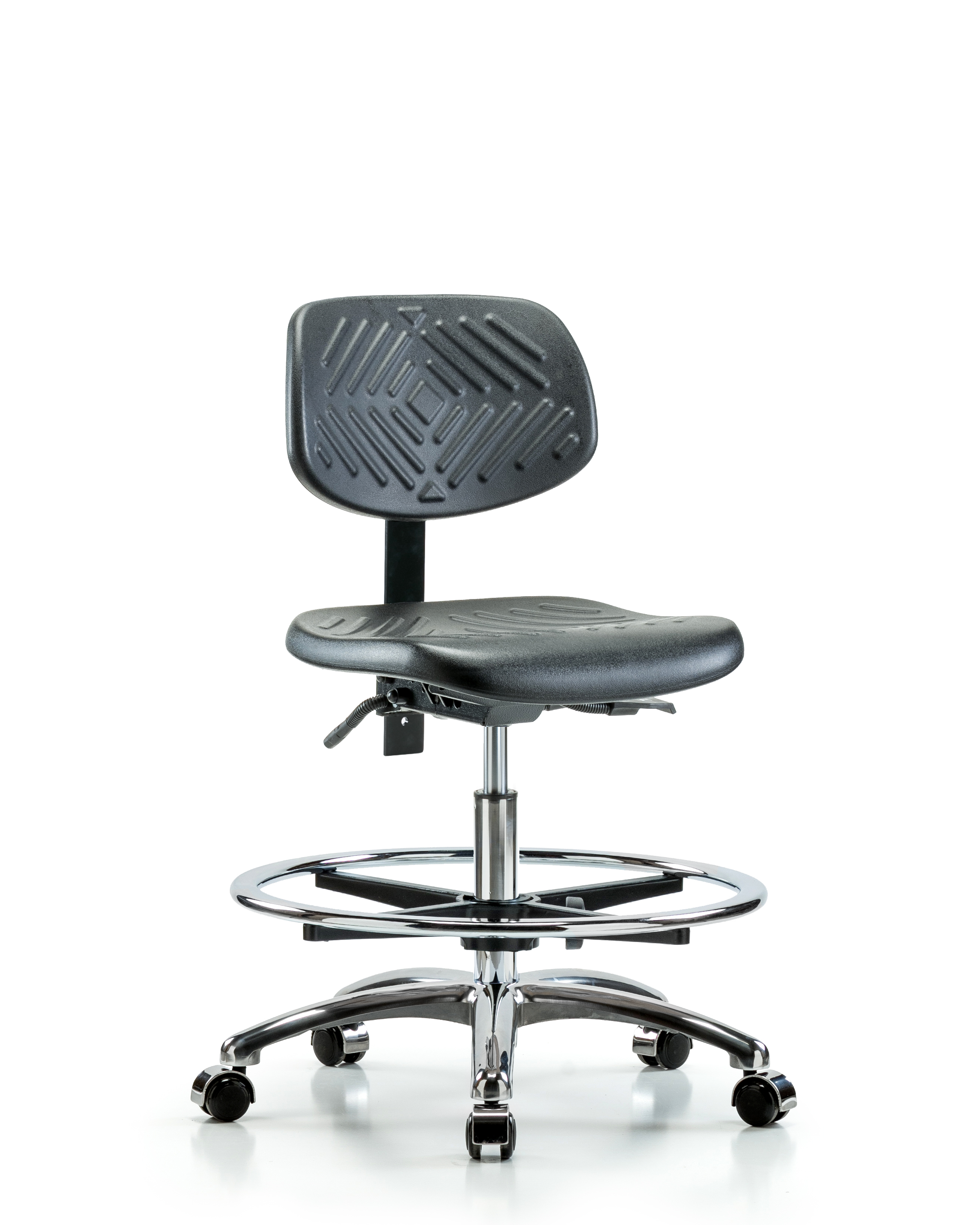 Polyurethane Chair Chrome - Medium Bench Height with Chrome Foot Ring & Casters in Black Polyurethane