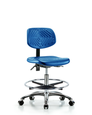 Polyurethane Chair Chrome - Medium Bench Height with Chrome Foot Ring & Casters in Blue Polyurethane