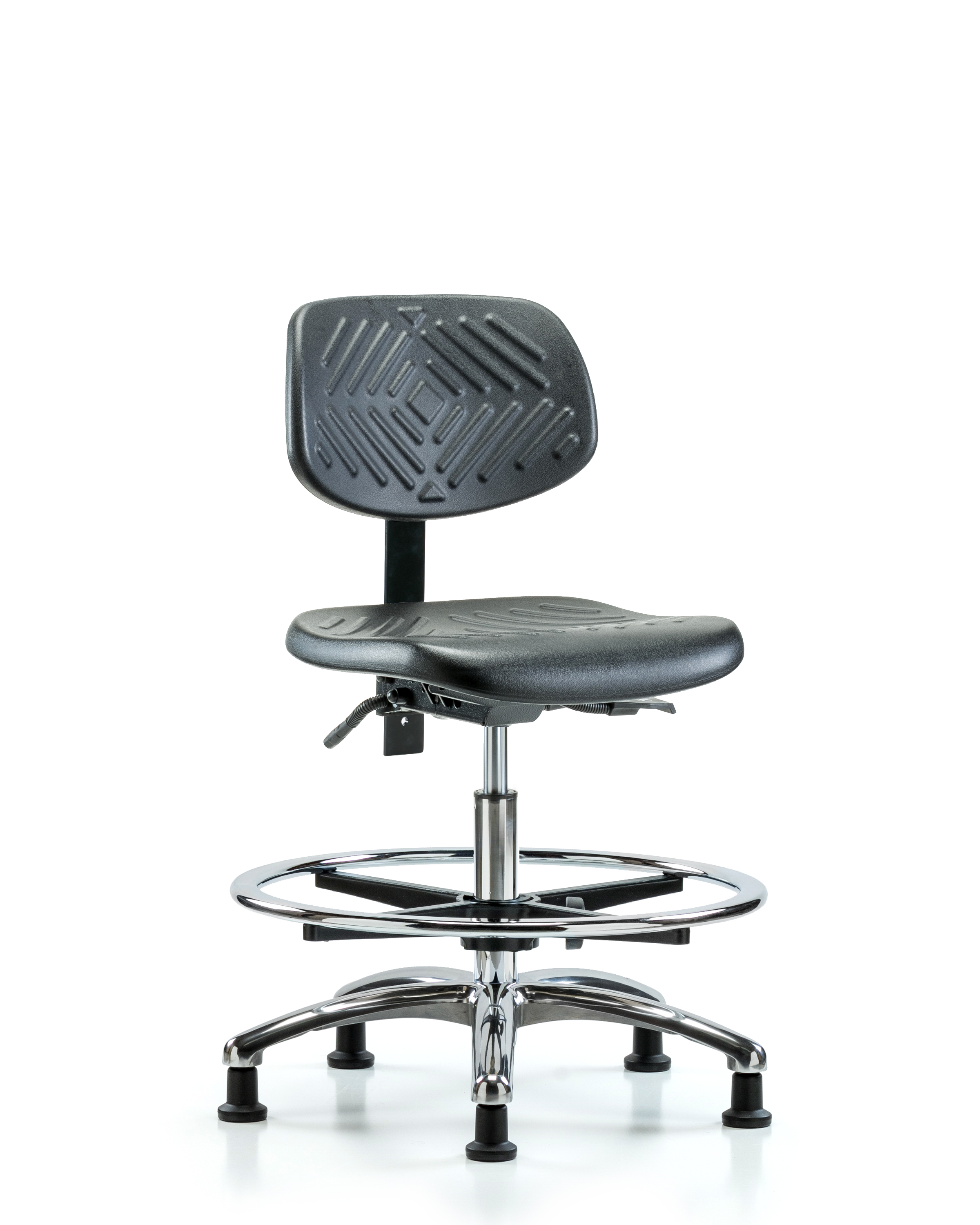 Polyurethane Chair Chrome - Medium Bench Height with Chrome Foot Ring & Stationary Glides in Black Polyurethane