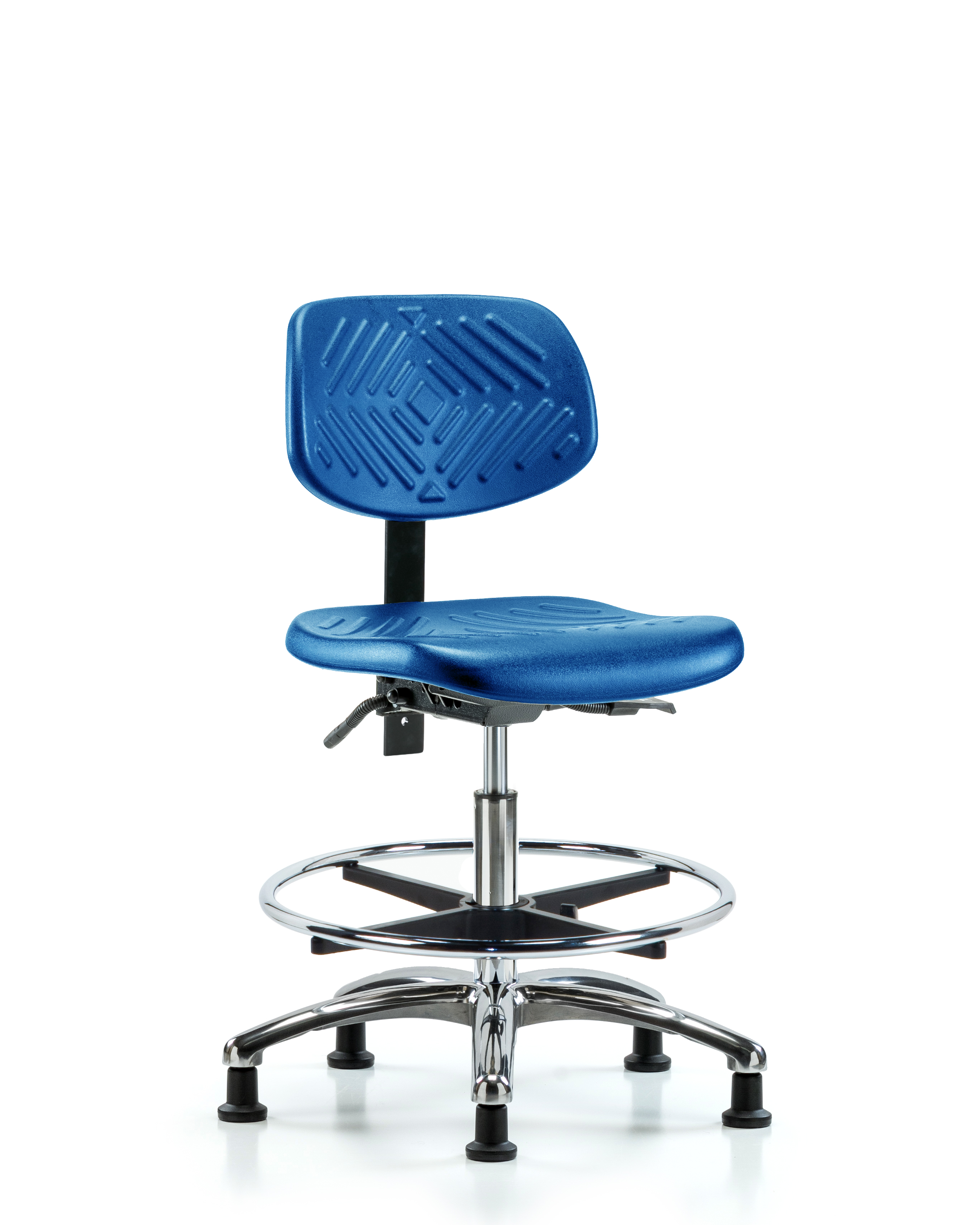 Polyurethane Chair Chrome - Medium Bench Height with Chrome Foot Ring & Stationary Glides in Blue Polyurethane