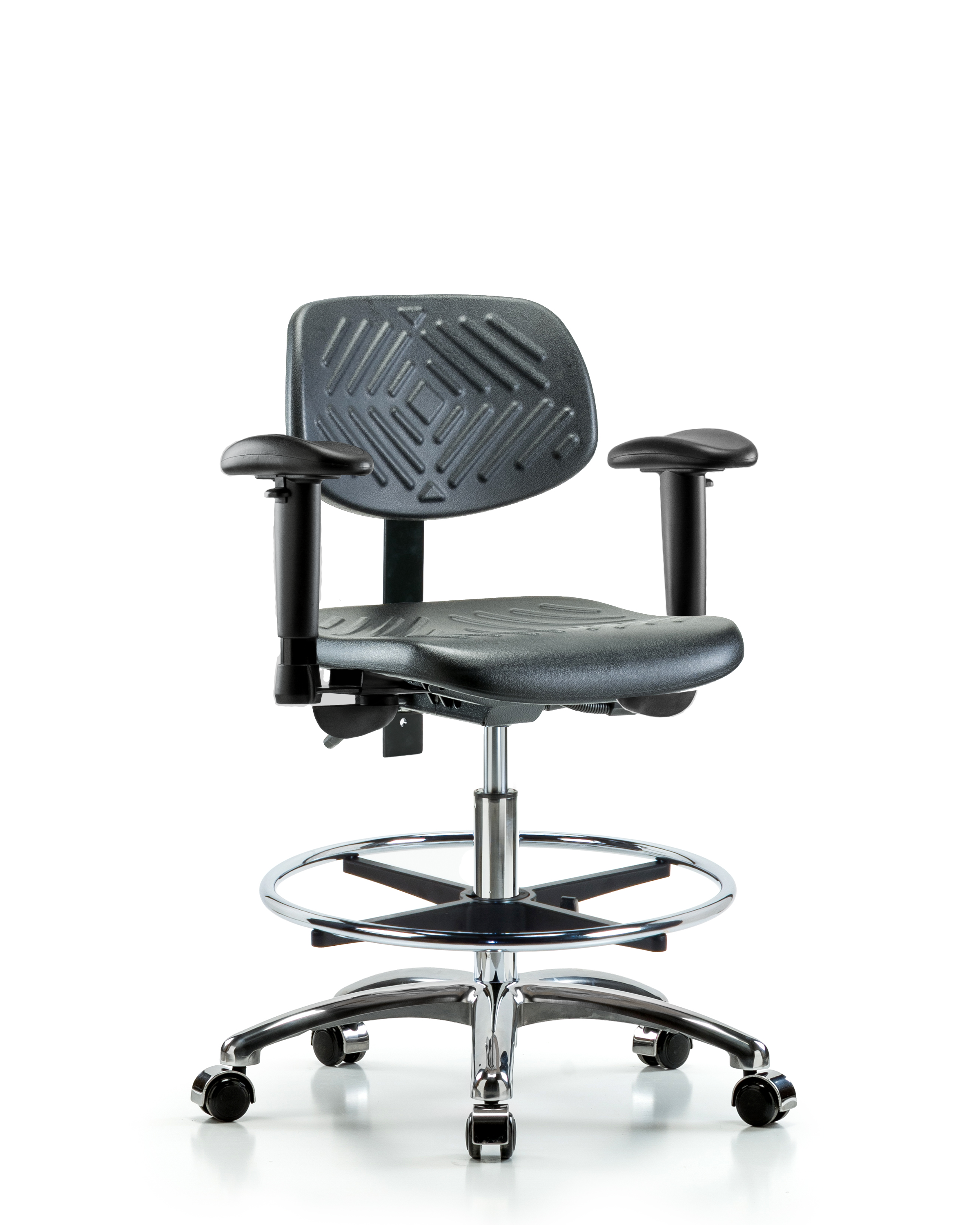 Polyurethane Chair Chrome - Medium Bench Height with Adjustable Arms, Chrome Foot Ring, & Casters in Black Polyurethane
