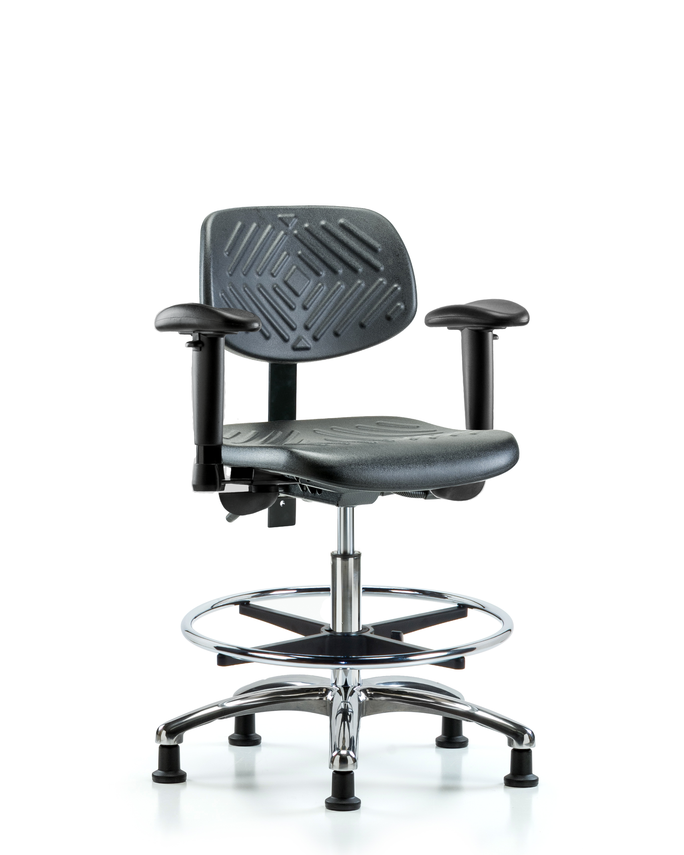 Polyurethane Chair Chrome - Medium Bench Height with Adjustable Arms, Chrome Foot Ring, & Stationary Glides in Black Polyurethane
