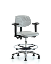 Polyurethane Chair Chrome - Medium Bench Height with Adjustable Arms, Chrome Foot Ring, & Stationary Glides in Gray Polyurethane