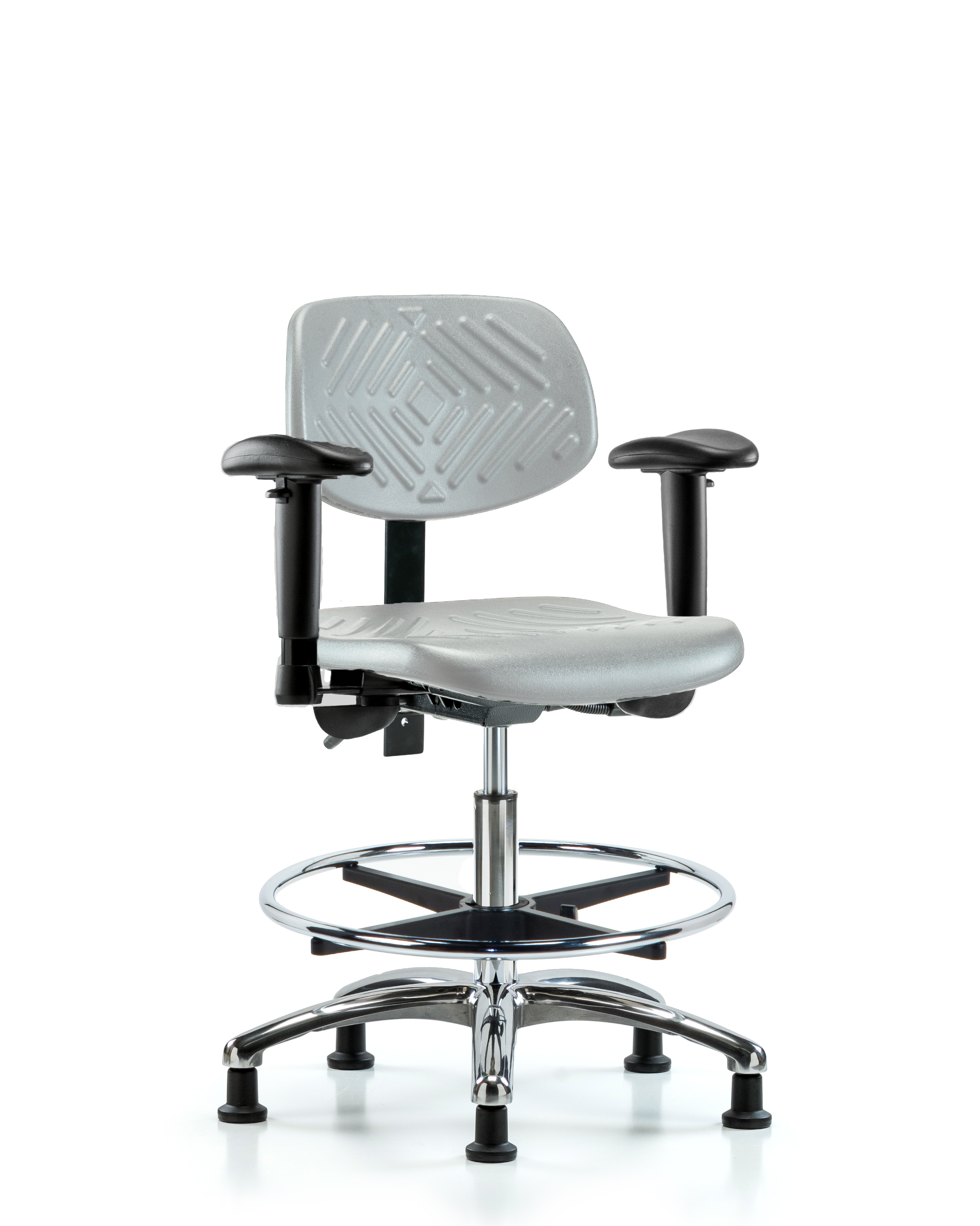 Polyurethane Chair Chrome - Medium Bench Height with Adjustable Arms, Chrome Foot Ring, & Stationary Glides in Gray Polyurethane