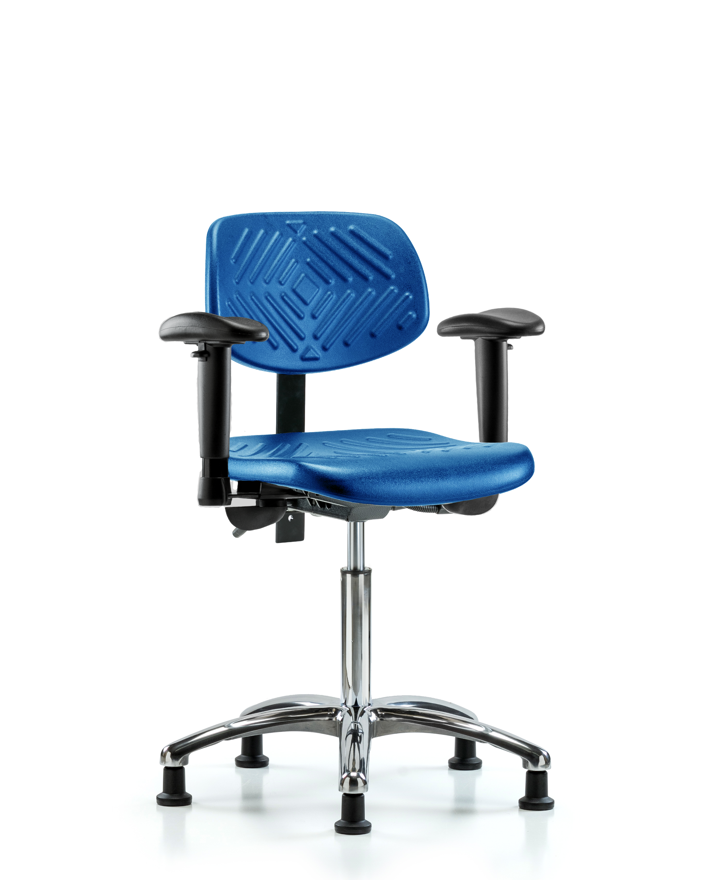 Polyurethane Chair Chrome - Medium Bench Height with Adjustable Arms & Stationary Glides in Blue Polyurethane
