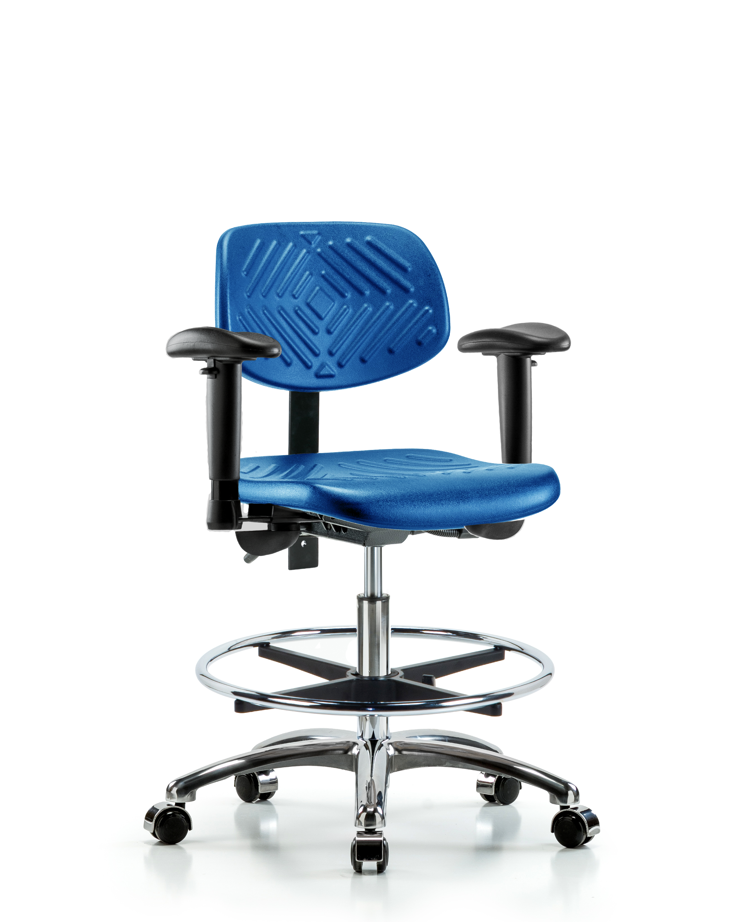 Polyurethane Chair Chrome - Medium Bench Height with Seat Tilt, Adjustable Arms, Chrome Foot Ring, & Casters in Blue Polyurethane