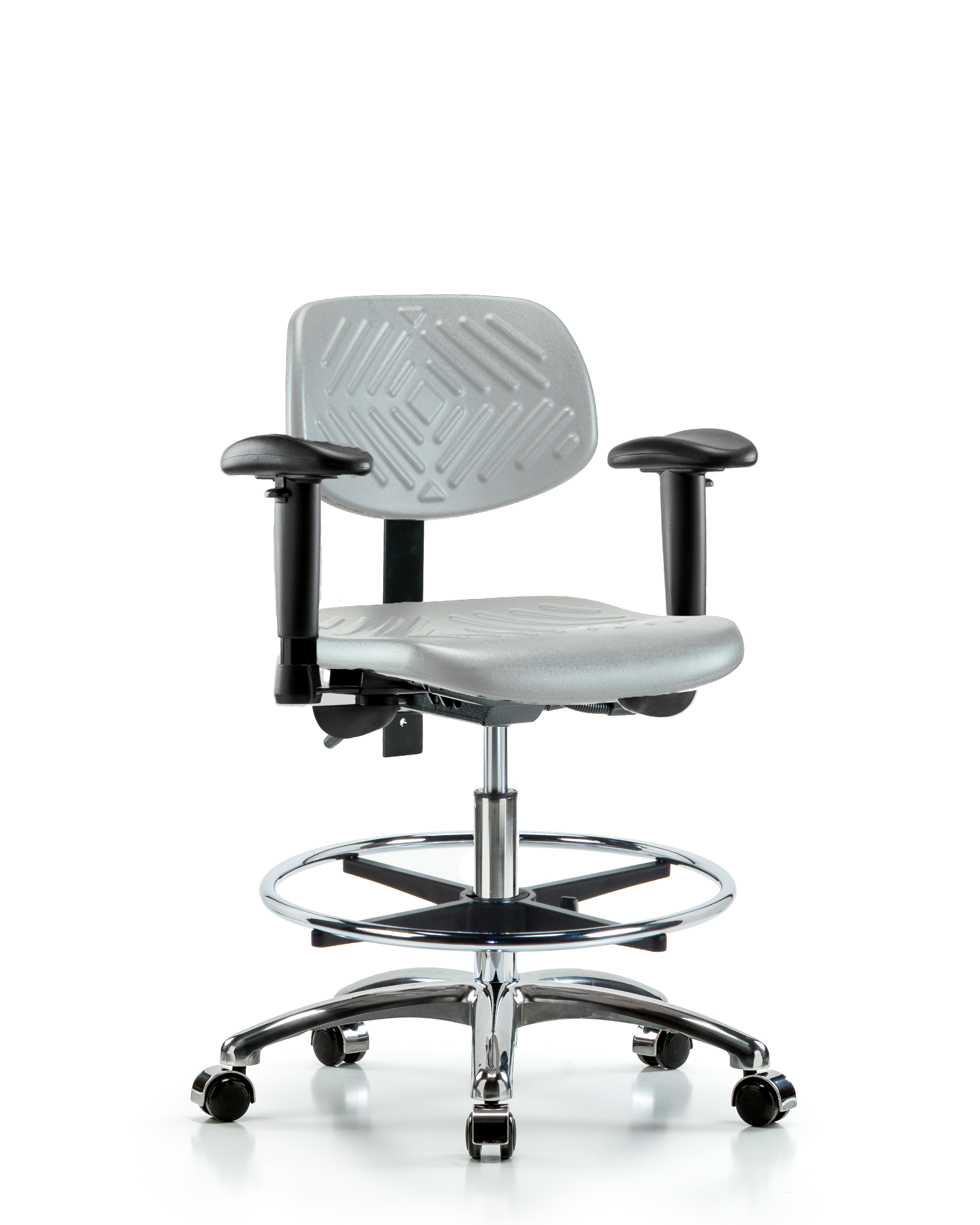 Polyurethane Chair Chrome - Medium Bench Height with Seat Tilt, Adjustable Arms, Chrome Foot Ring, & Casters in Gray Polyurethane