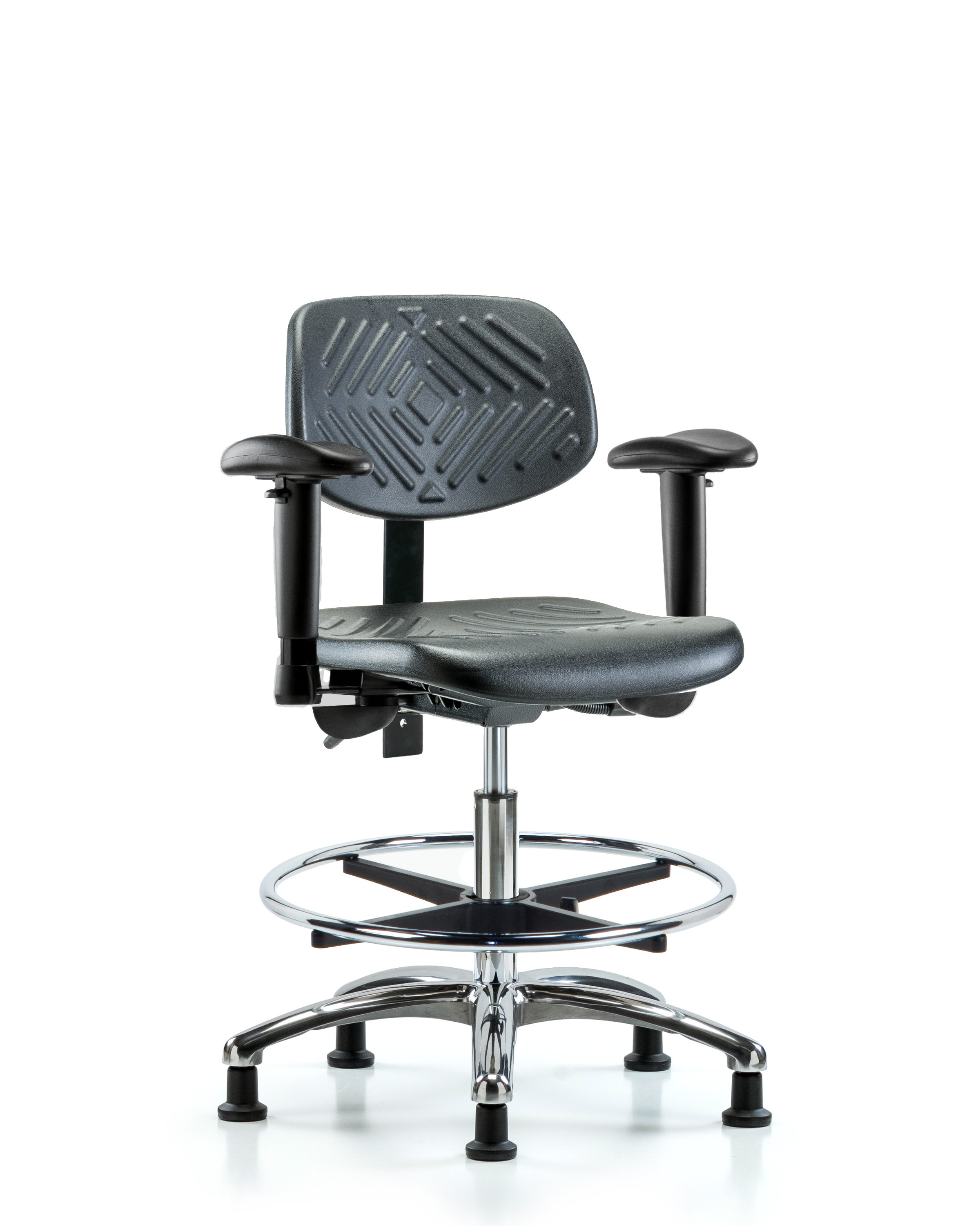 Polyurethane Chair Chrome - Medium Bench Height with Seat Tilt, Adjustable Arms, Chrome Foot Ring, & Stationary Glides in Black Polyurethane