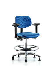 Polyurethane Chair Chrome - Medium Bench Height with Seat Tilt, Adjustable Arms, Chrome Foot Ring, & Stationary Glides in Blue Polyurethane