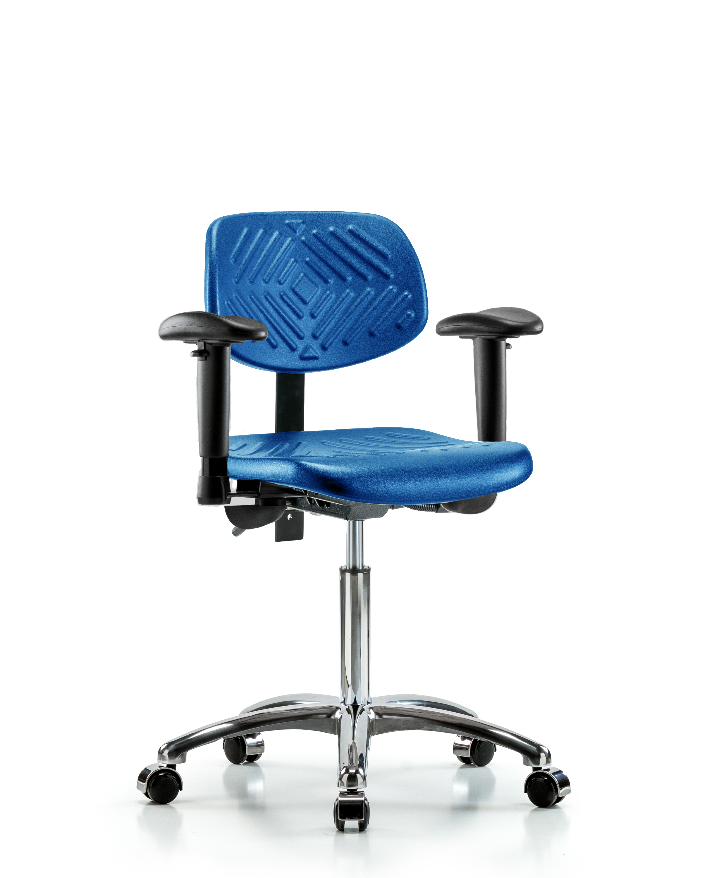Polyurethane Chair Chrome - Medium Bench Height with Seat Tilt, Adjustable Arms, & Casters in Blue Polyurethane