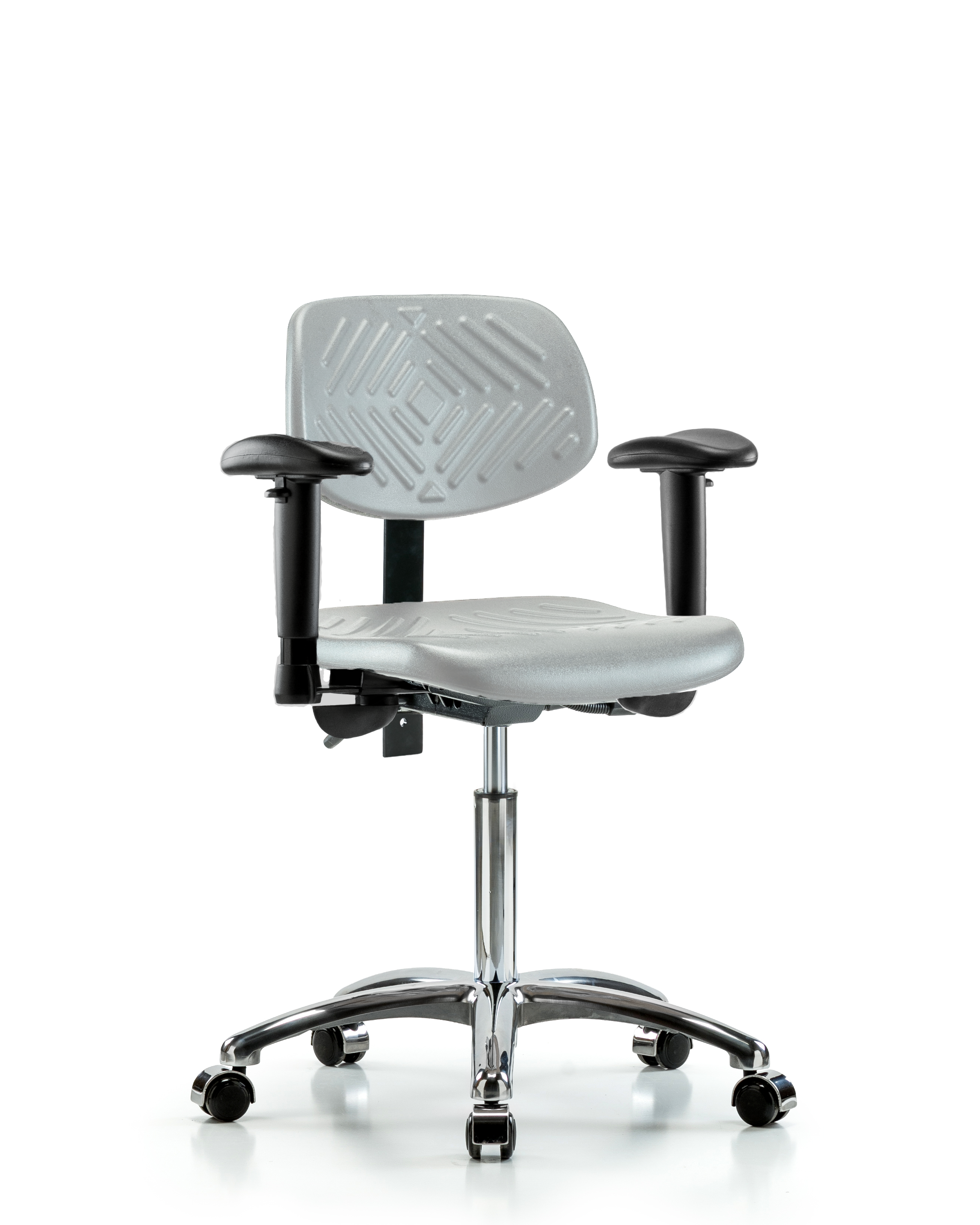Polyurethane Chair Chrome - Medium Bench Height with Seat Tilt, Adjustable Arms, & Casters in Gray Polyurethane