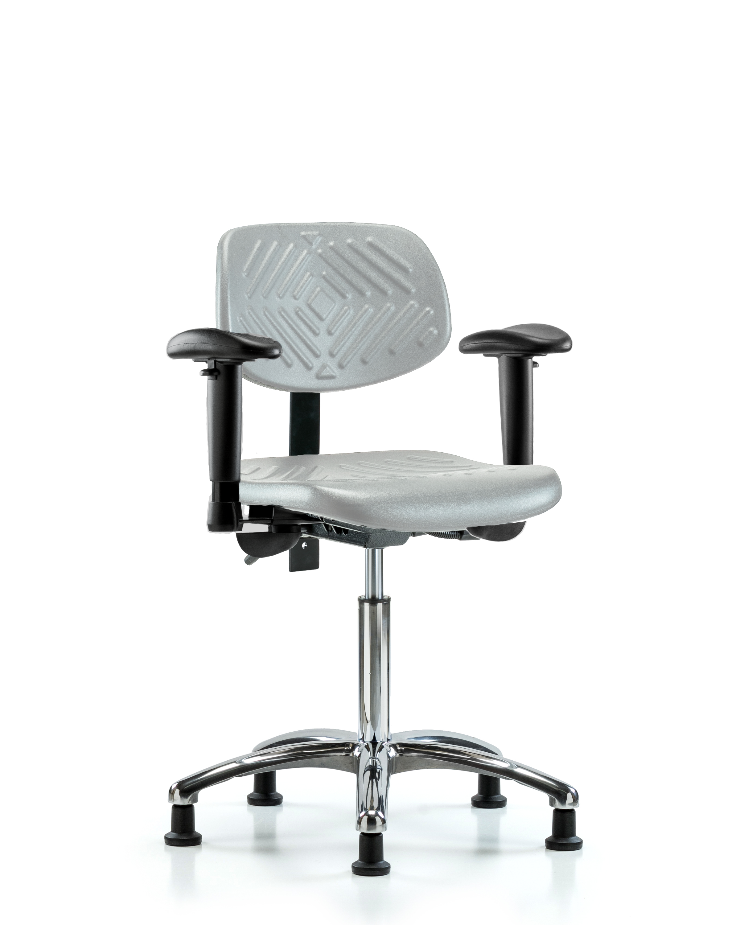 Polyurethane Chair Chrome - Medium Bench Height with Seat Tilt, Adjustable Arms, & Stationary Glides in Gray Polyurethane