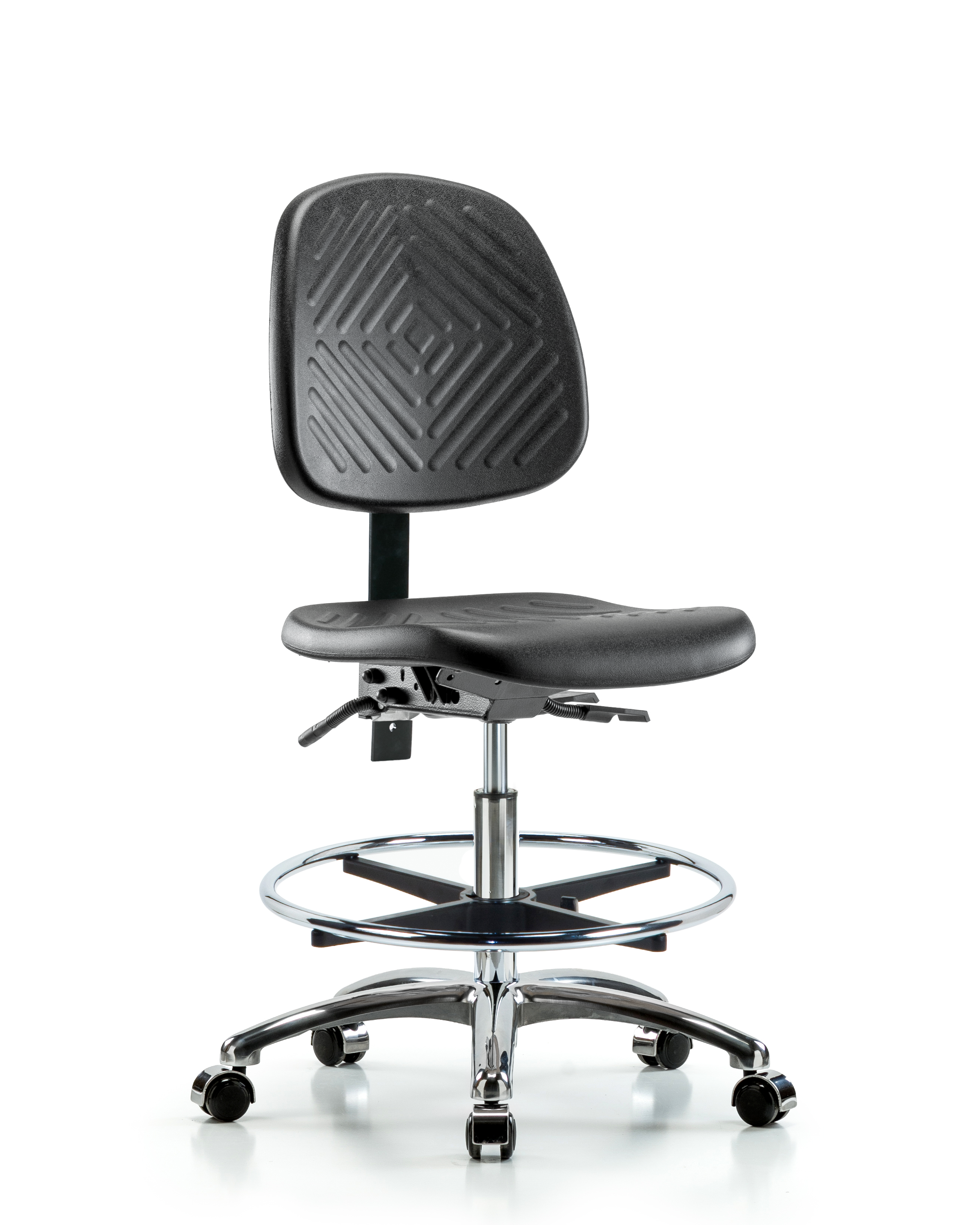 Polyurethane Chair Chrome - Medium Bench Height with Medium Back, Chrome Foot Ring, & Casters in Black Polyurethane