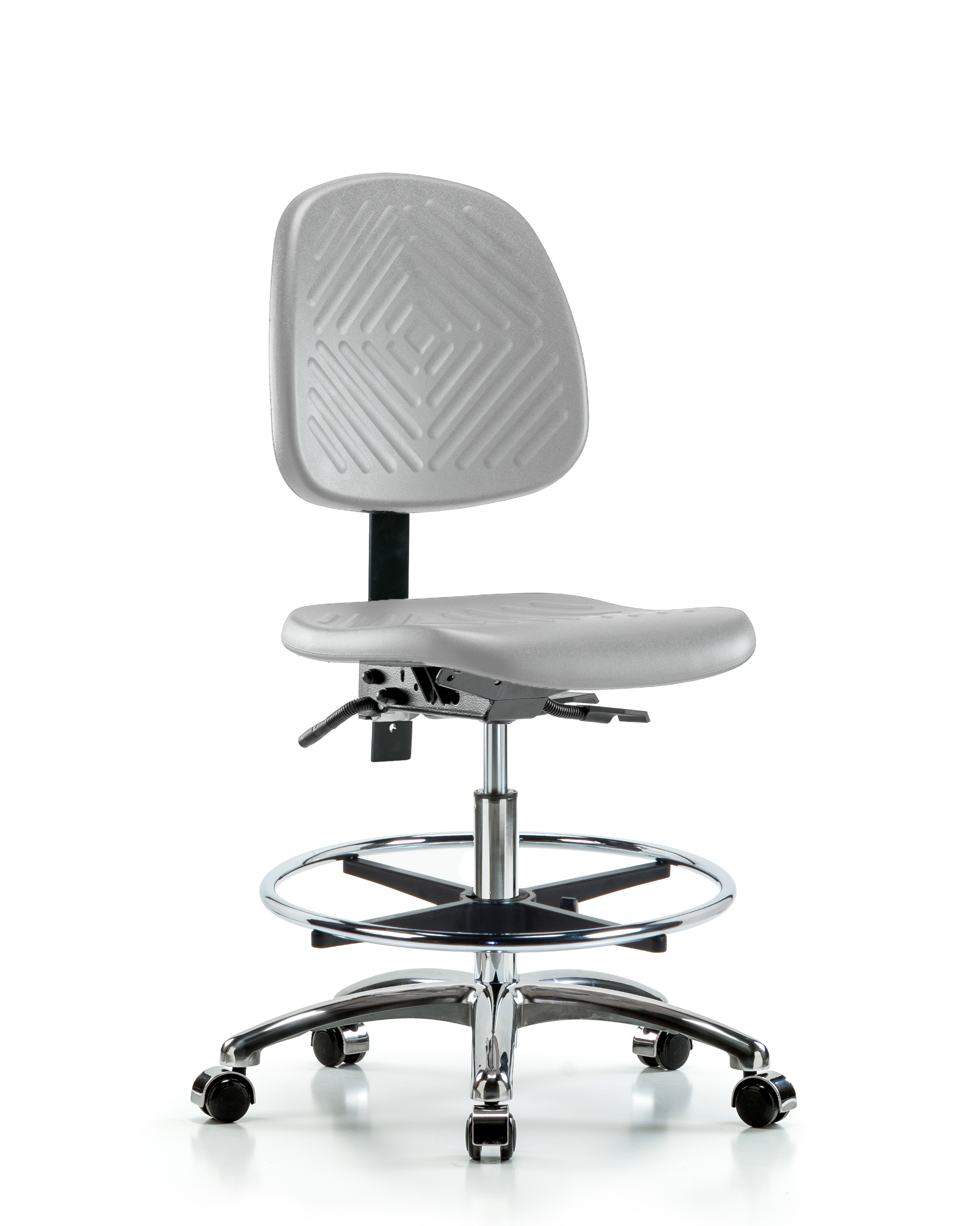 Polyurethane Chair Chrome - Medium Bench Height with Medium Back, Chrome Foot Ring, & Casters in Gray Polyurethane