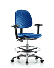 Polyurethane Chair Chrome - Medium Bench Height with Medium Back, Adjustable Arms, Chrome Foot Ring, & Casters in Blue Polyurethane