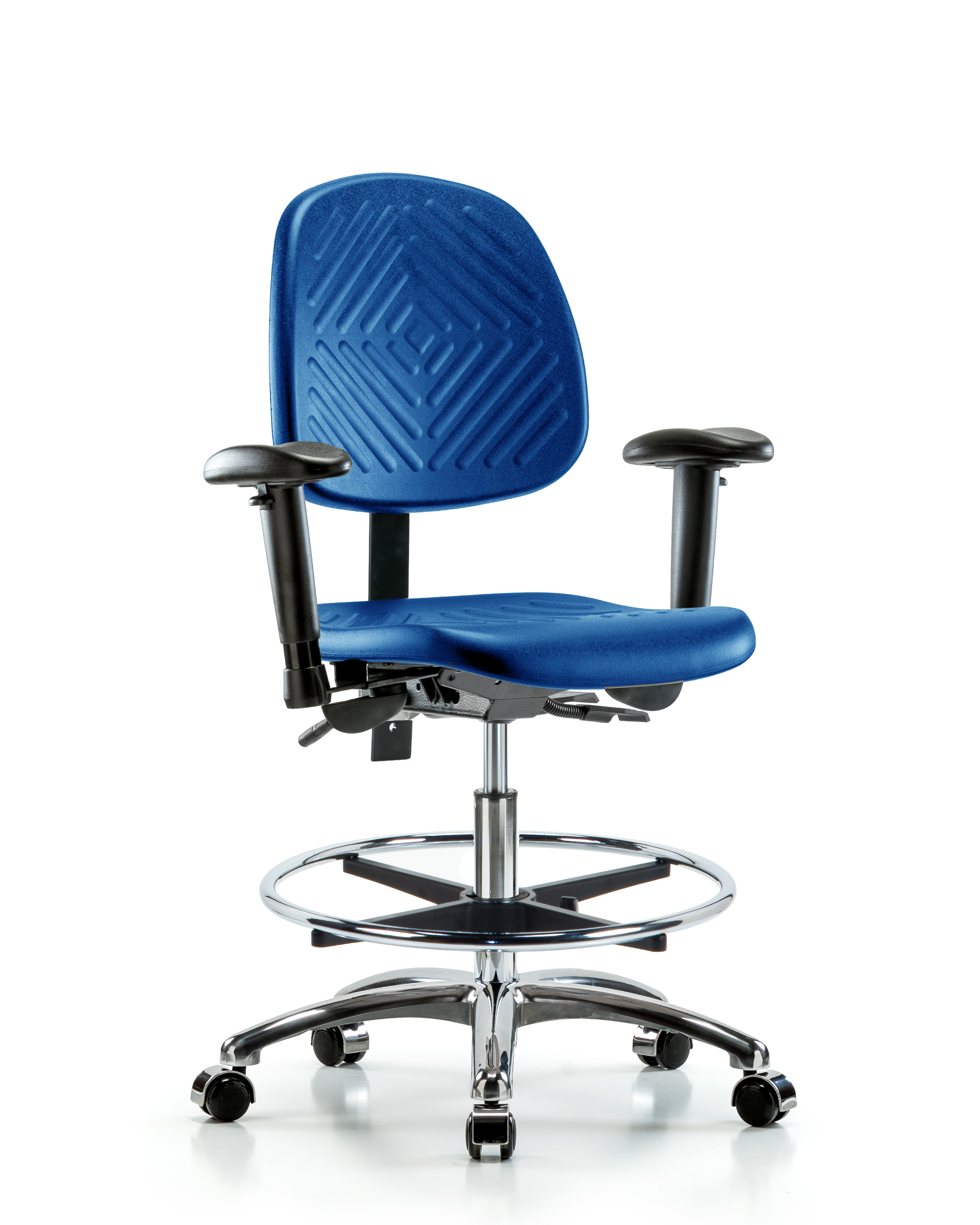 Polyurethane Chair Chrome - Medium Bench Height with Medium Back, Adjustable Arms, Chrome Foot Ring, & Casters in Blue Polyurethane