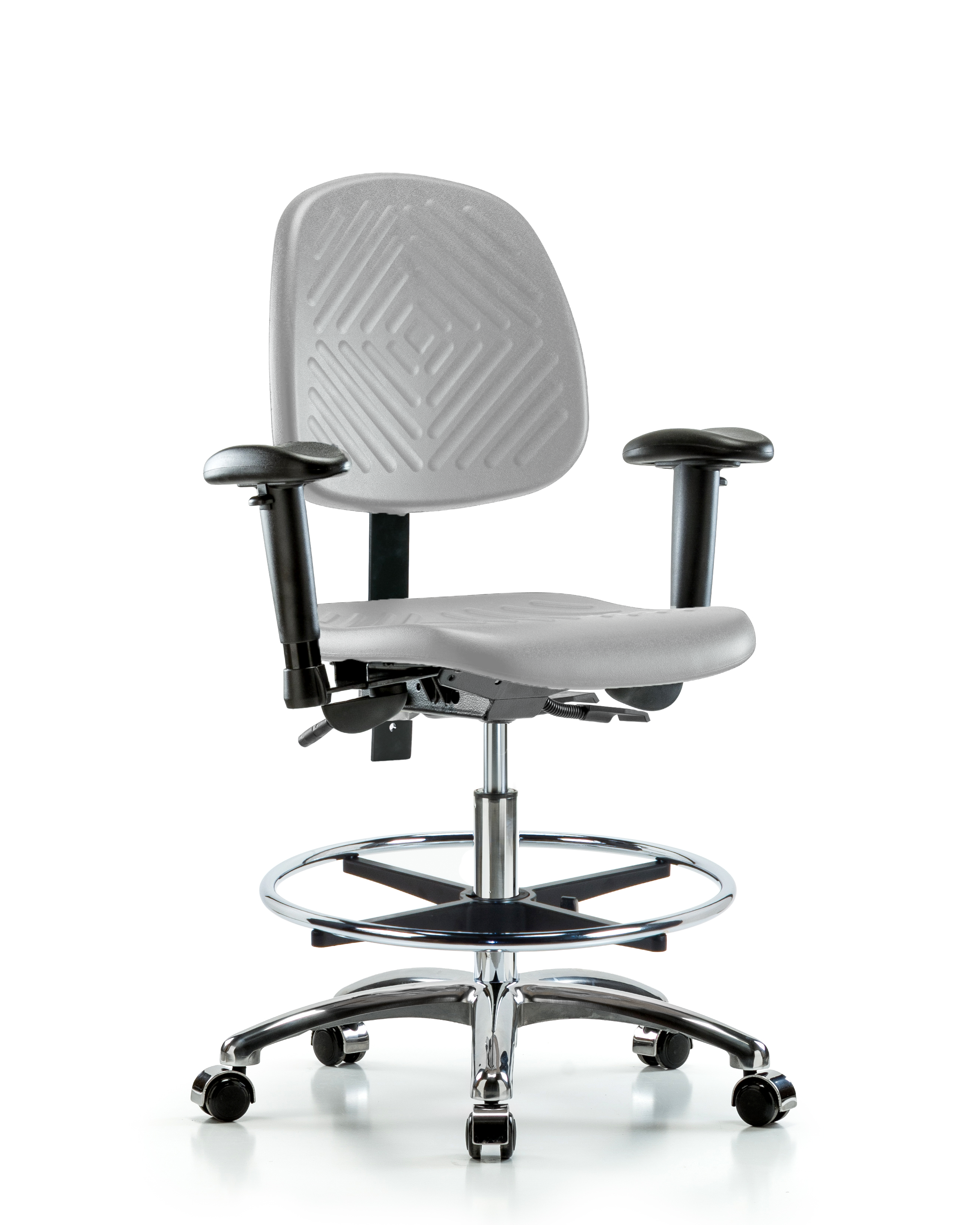 Polyurethane Chair Chrome - Medium Bench Height with Medium Back, Adjustable Arms, Chrome Foot Ring, & Casters in Gray Polyurethane