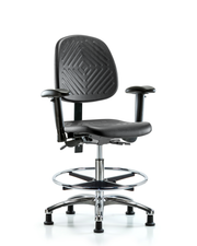Polyurethane Chair Chrome - Medium Bench Height with Medium Back, Adjustable Arms, Chrome Foot Ring, & Stationary Glides in Black Polyurethane