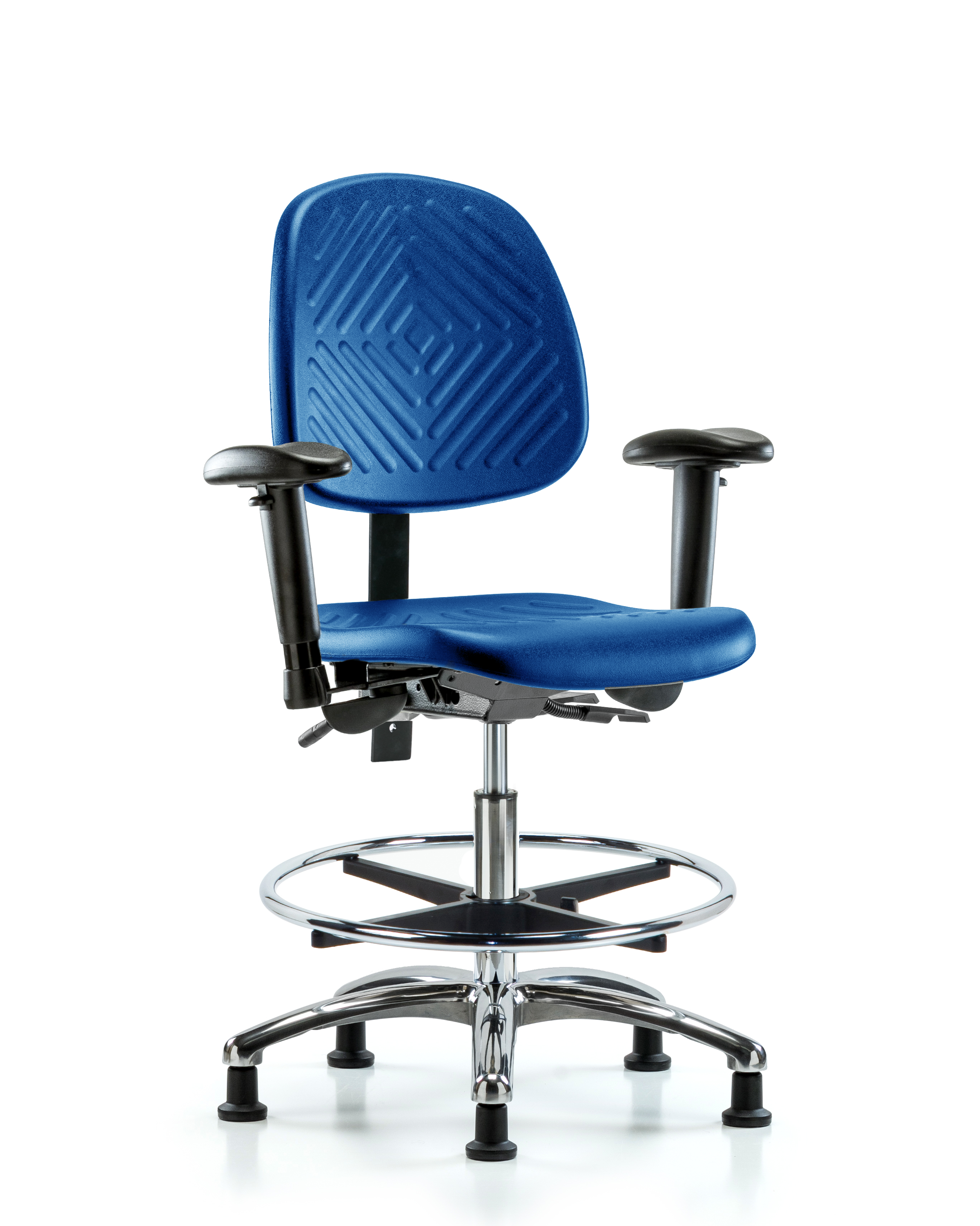 Polyurethane Chair Chrome - Medium Bench Height with Medium Back, Adjustable Arms, Chrome Foot Ring, & Stationary Glides in Blue Polyurethane
