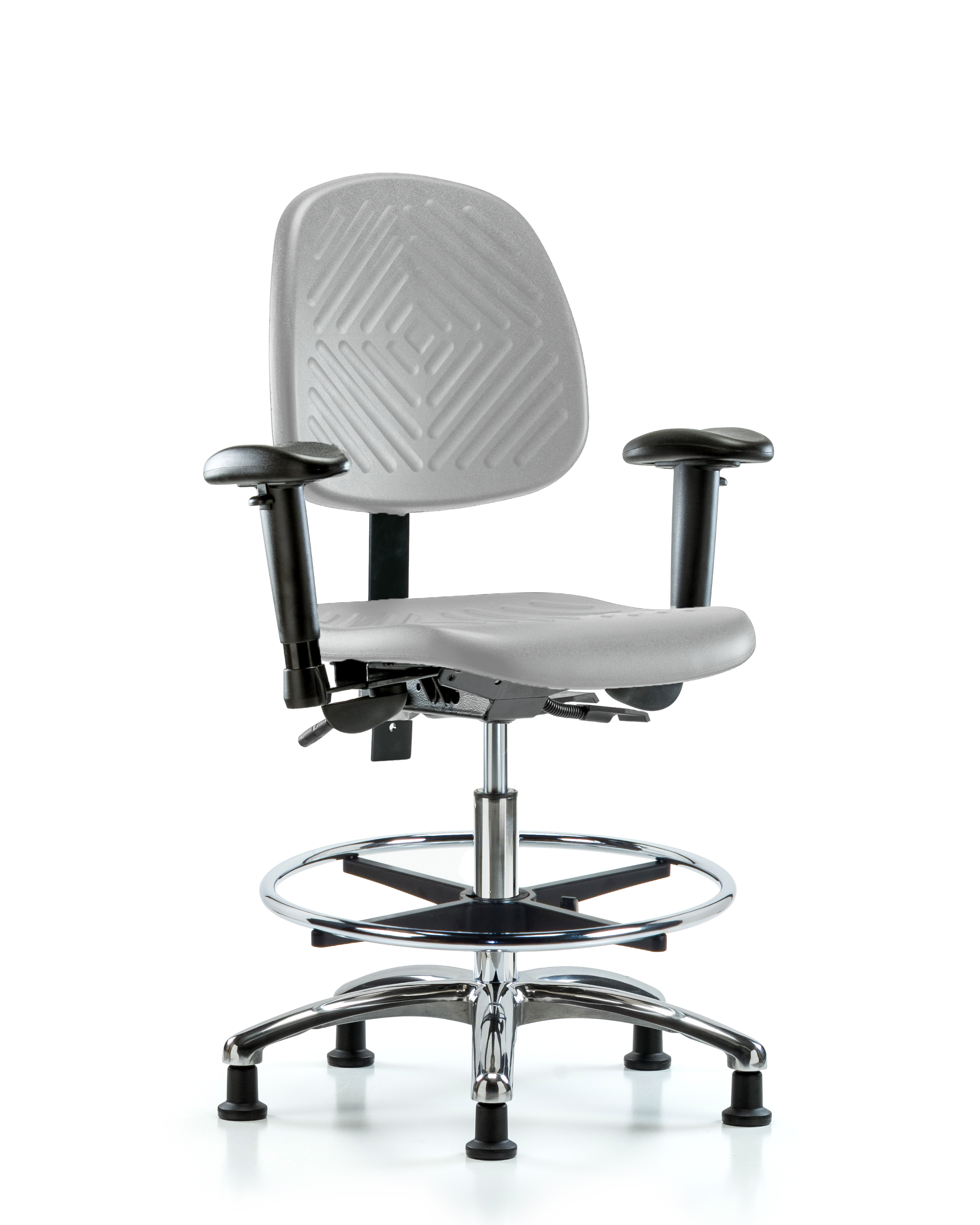 Polyurethane Chair Chrome - Medium Bench Height with Medium Back, Adjustable Arms, Chrome Foot Ring, & Stationary Glides in Gray Polyurethane