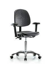 Polyurethane Chair Chrome - Medium Bench Height with Medium Back, Adjustable Arms, & Casters in Black Polyurethane