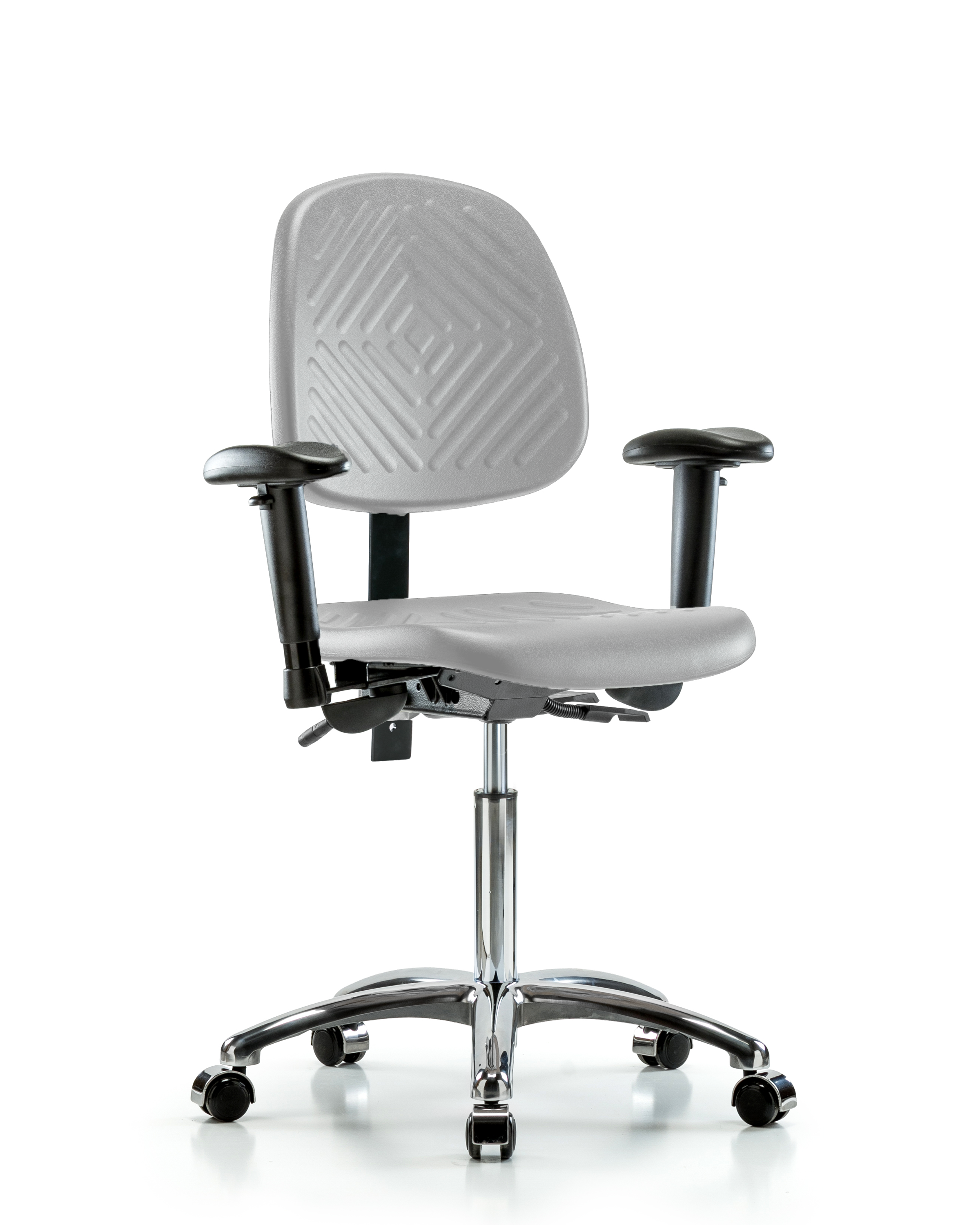 Polyurethane Chair Chrome - Medium Bench Height with Medium Back, Adjustable Arms, & Casters in Gray Polyurethane