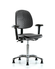 Polyurethane Chair Chrome - Medium Bench Height with Medium Back, Adjustable Arms, & Stationary Glides in Black Polyurethane