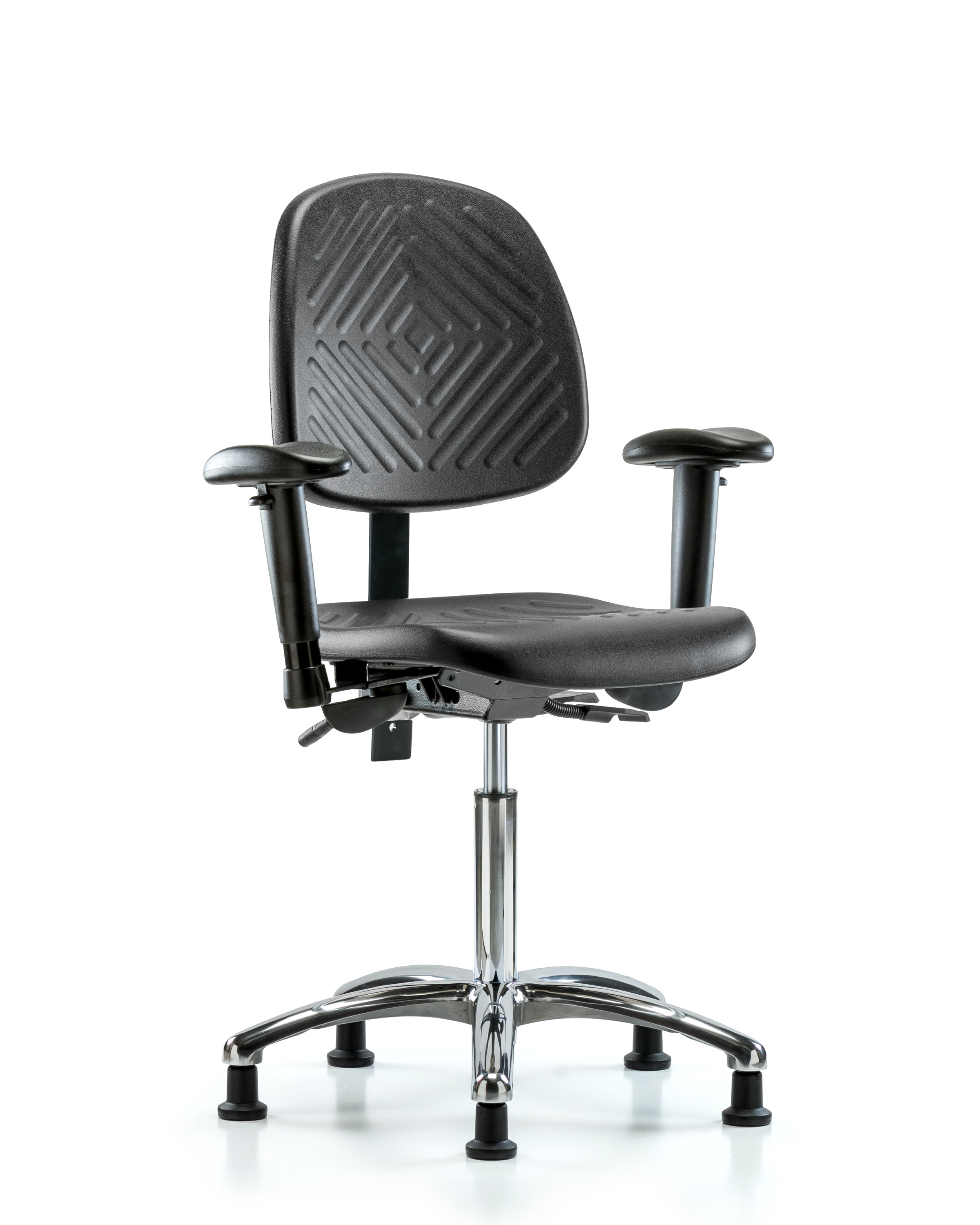 Polyurethane Chair Chrome - Medium Bench Height with Medium Back, Adjustable Arms, & Stationary Glides in Black Polyurethane