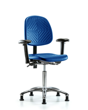 Polyurethane Chair Chrome - Medium Bench Height with Medium Back, Adjustable Arms, & Stationary Glides in Blue Polyurethane