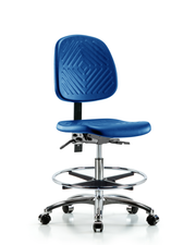 Polyurethane Chair Chrome - Medium Bench Height with Medium Back, Seat Tilt, Chrome Foot Ring, & Casters in Blue Polyurethane